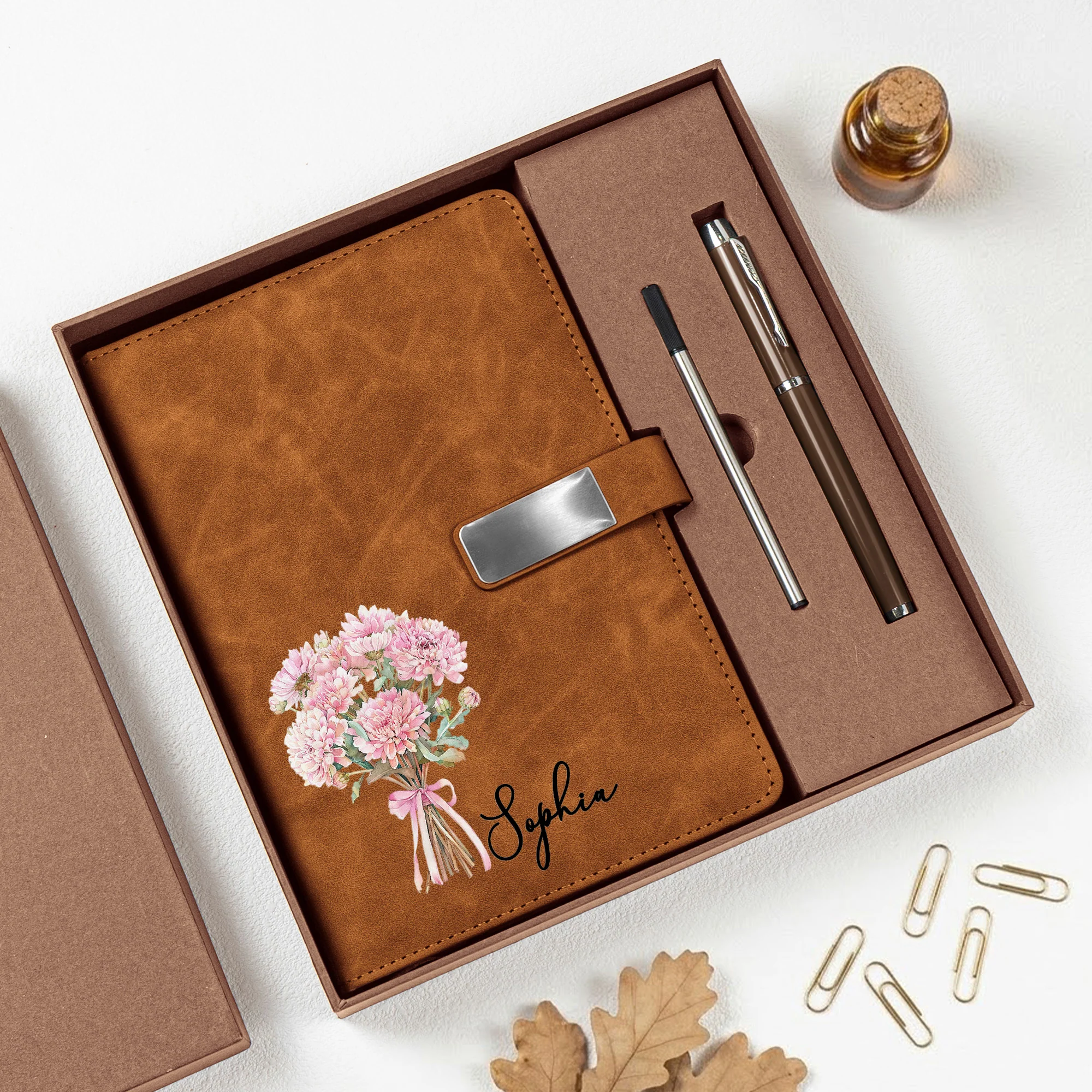 Custom Birth Flower & Name For Her, Friends, Sisters, Daughter - Personalized Notebook Set