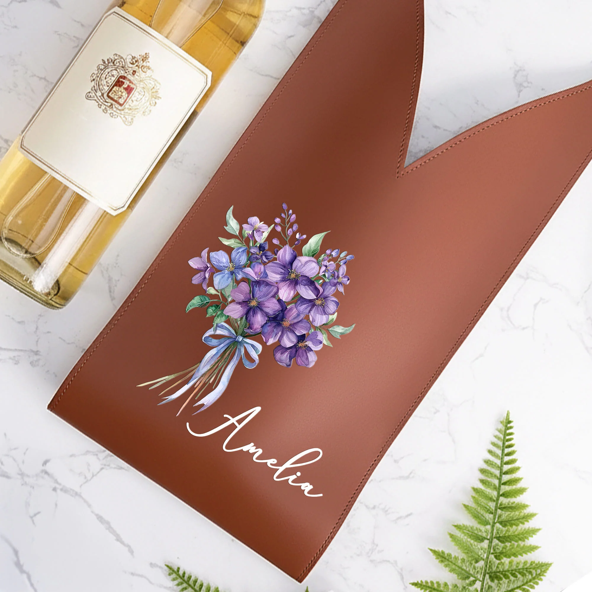 Custom Birth Flower & Name - For Her, Friends, Sisters, Wine Lovers - Personalized Leather Wine Bag - Image 2