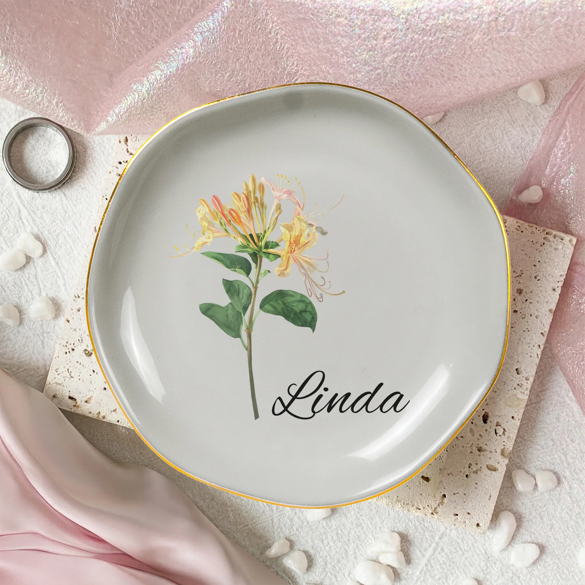 Custom Birth Flower & Name For Her, Gift For Friends, Sisters - Personalized Jewelry Dish - Image 2