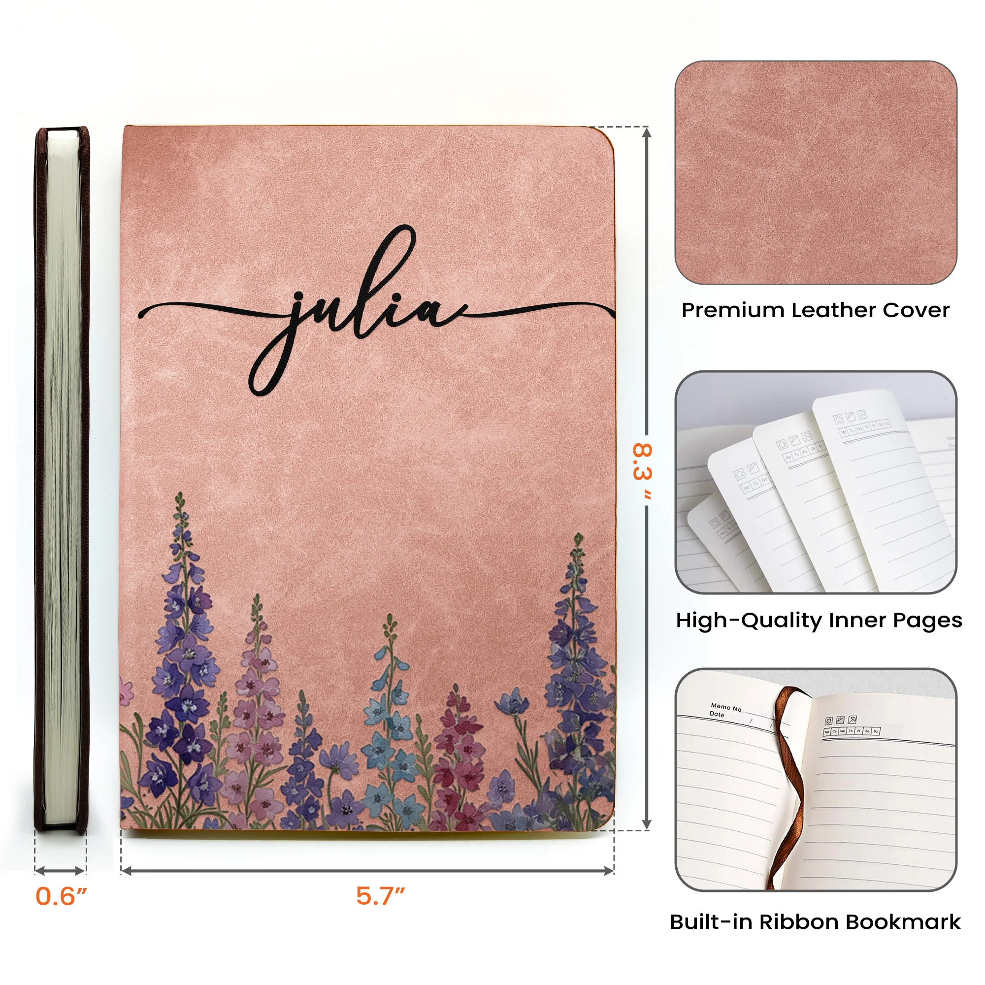 Custom Birth Flower & Name For Her, Wife, Daughter, Sister - Personalized Leather Journal - Image 5