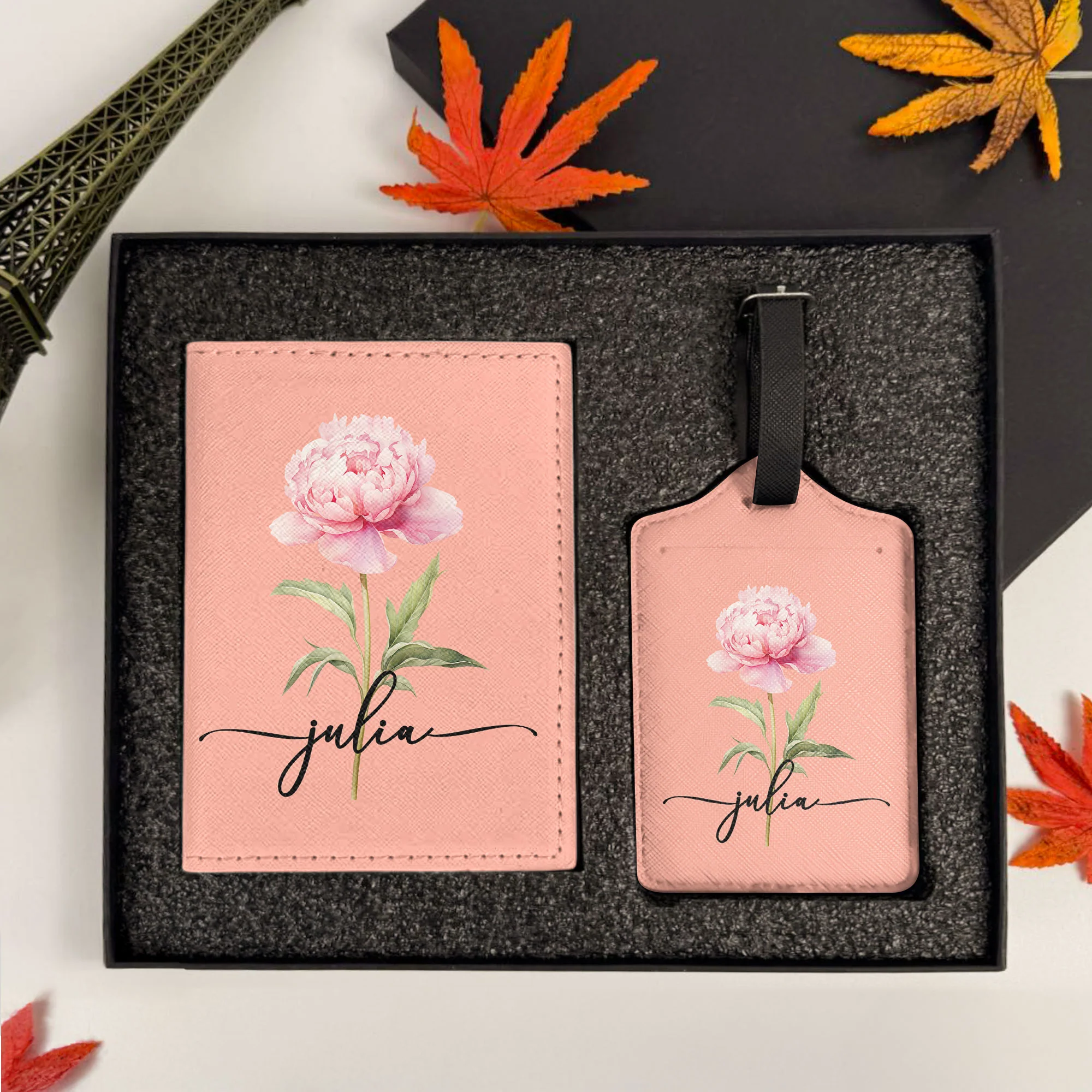 Custom Birth Flower & Name For Her, Wife, Daughter, Sister - Personalized Passport Cover And Luggage Tag Travel Set