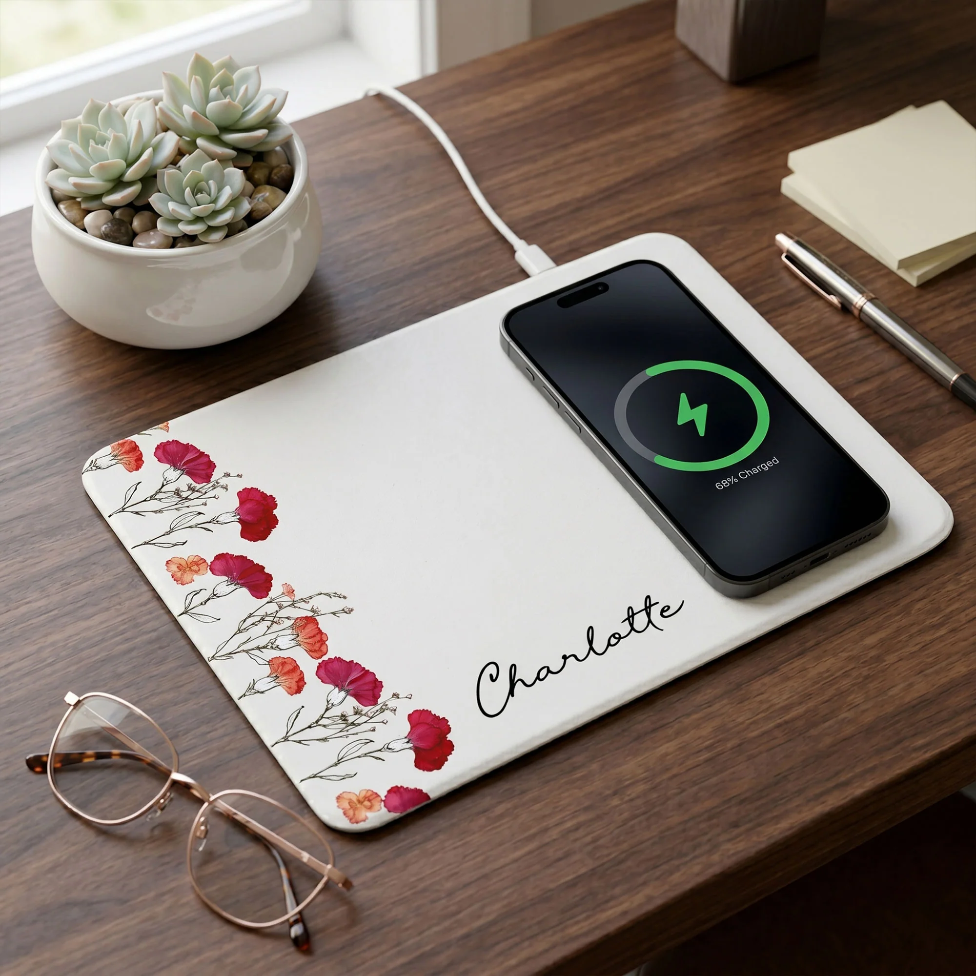 Custom Birth Flower & Name Gift For Her Daughter Friend - Personalized Charging Pad - Image 2