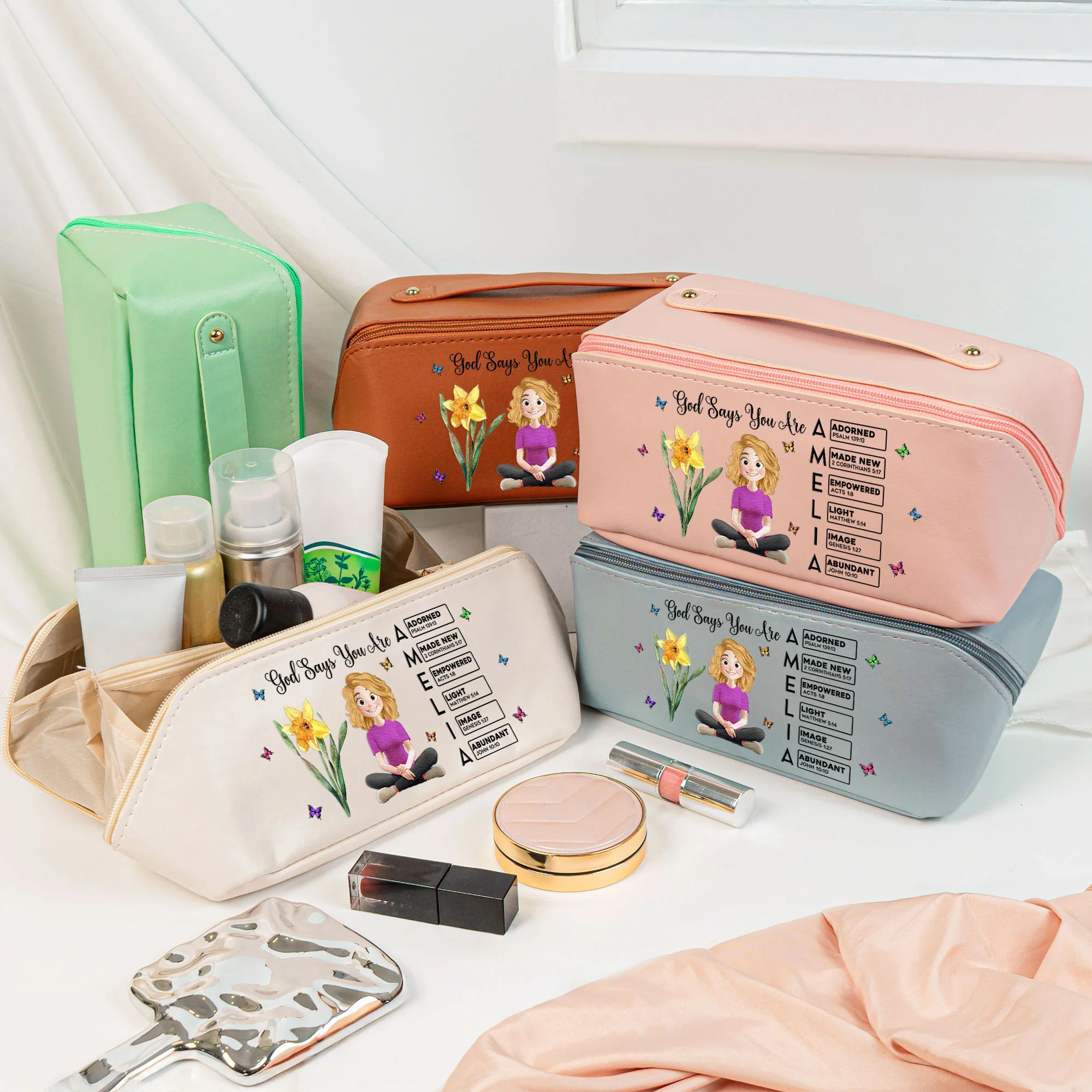 Custom Birth Flower & Name In Bible Verse - Personalized Leather Makeup Bag - Image 2