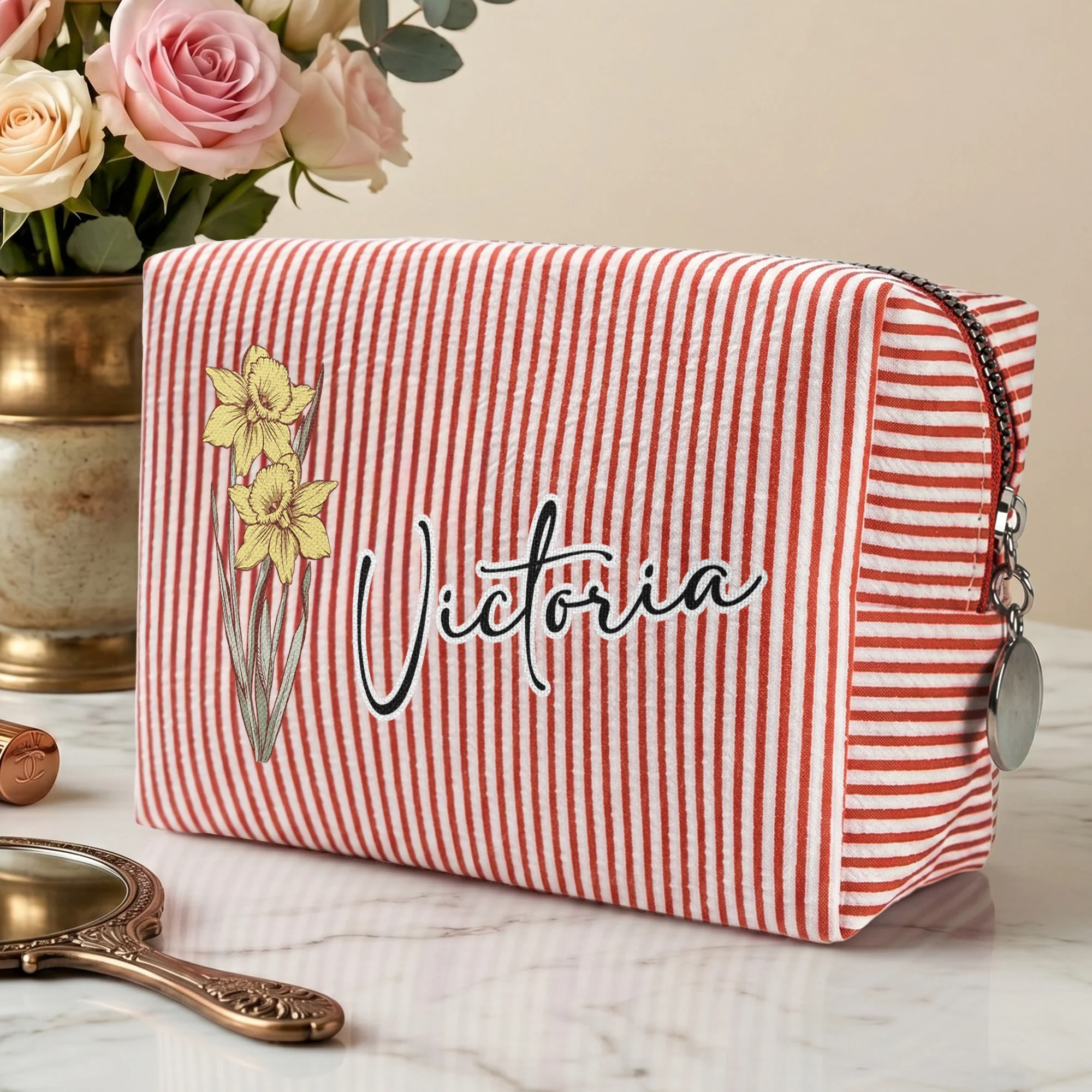 Custom Birth Flower & Name Striped Pattern - Personalized Makeup Bag - Image 2