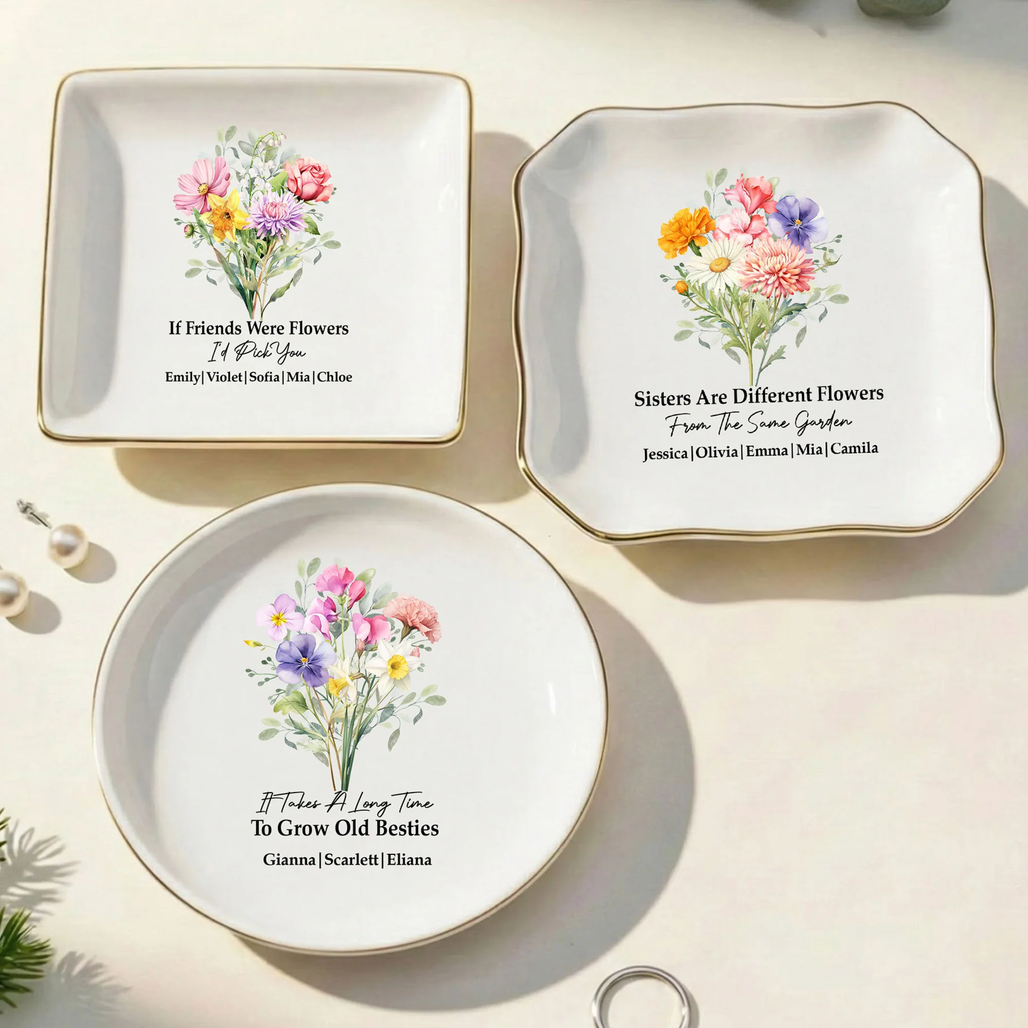 Custom Birth Flowers Sisterhood, Friendship Bouquet Gifts For Sisters, Friends, Besties - Personalized Jewelry Dish - Image 2