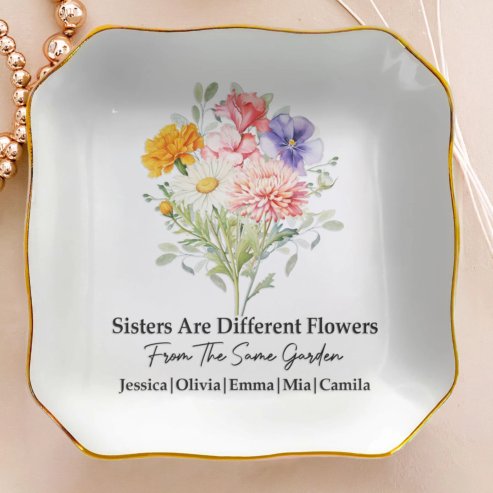Custom Birth Flowers Sisterhood, Friendship Bouquet Gifts For Sisters, Friends, Besties - Personalized Jewelry Dish - Image 3