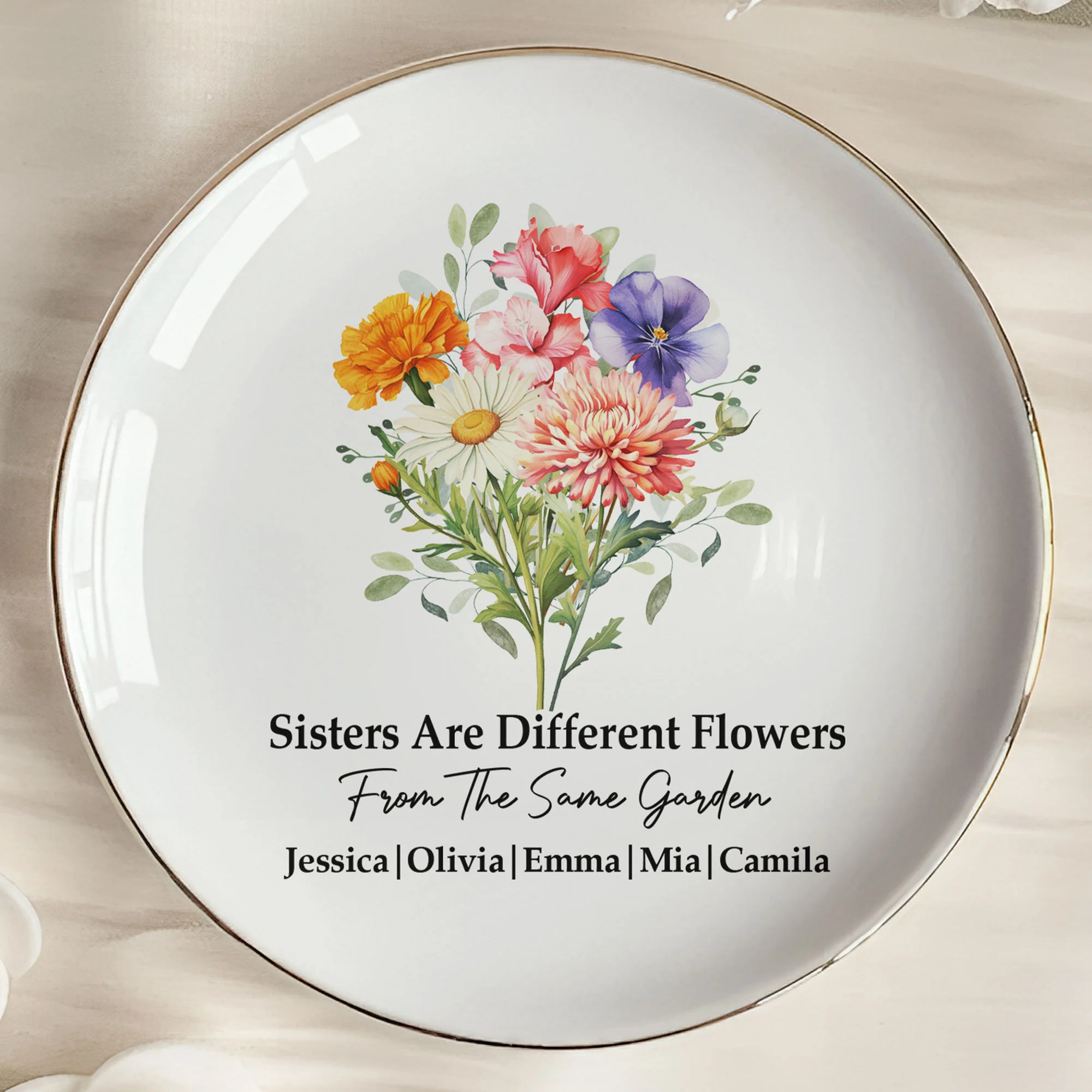 Custom Birth Flowers Sisterhood, Friendship Bouquet Gifts For Sisters, Friends, Besties - Personalized Jewelry Dish - Image 4