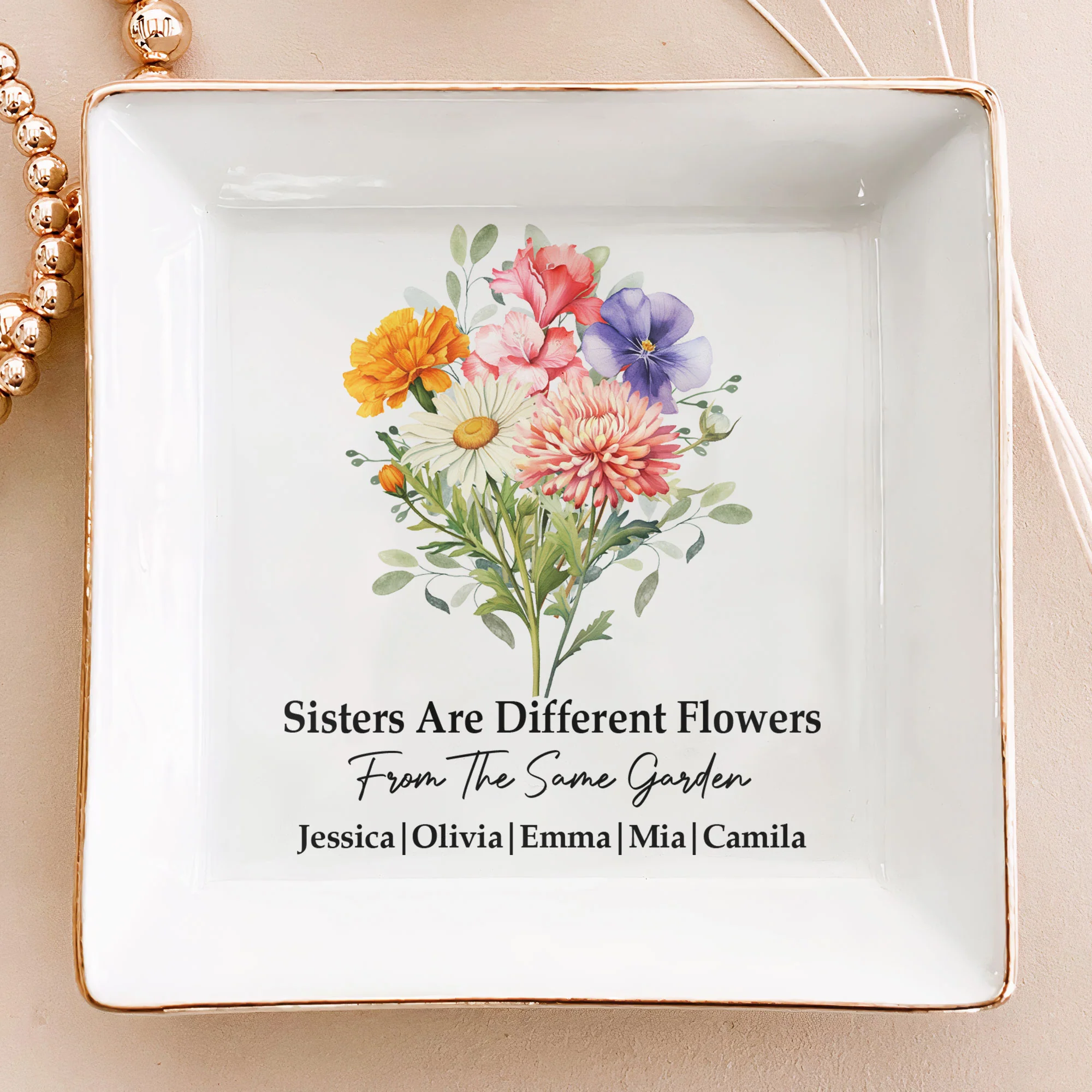 Custom Birth Flowers Sisterhood, Friendship Bouquet Gifts For Sisters, Friends, Besties - Personalized Jewelry Dish - Image 5