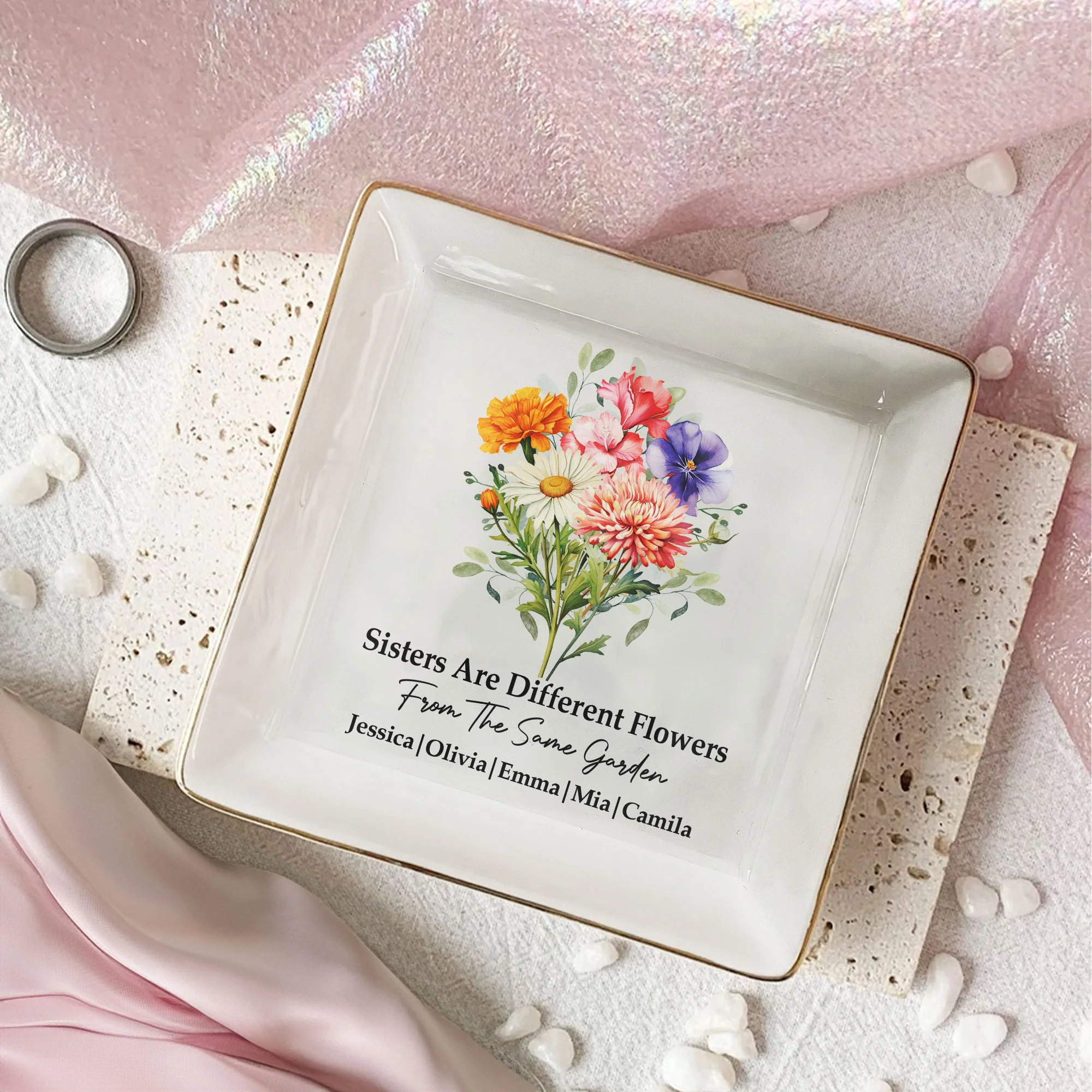 Custom Birth Flowers Sisterhood, Friendship Bouquet Gifts For Sisters, Friends, Besties - Personalized Jewelry Dish - Image 6