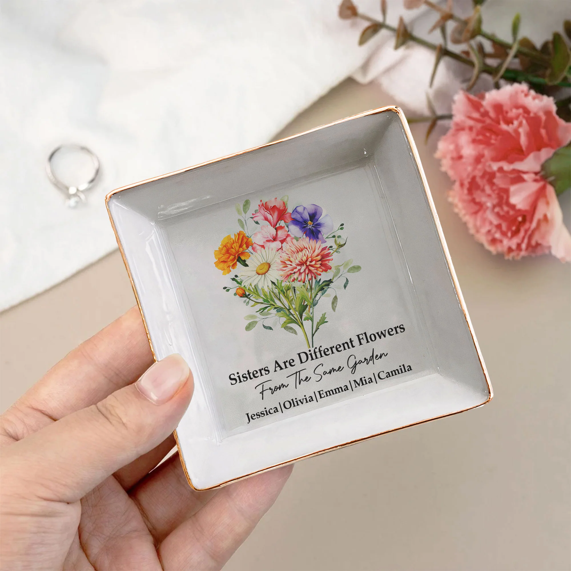 Custom Birth Flowers Sisterhood, Friendship Bouquet Gifts For Sisters, Friends, Besties - Personalized Jewelry Dish - Image 7
