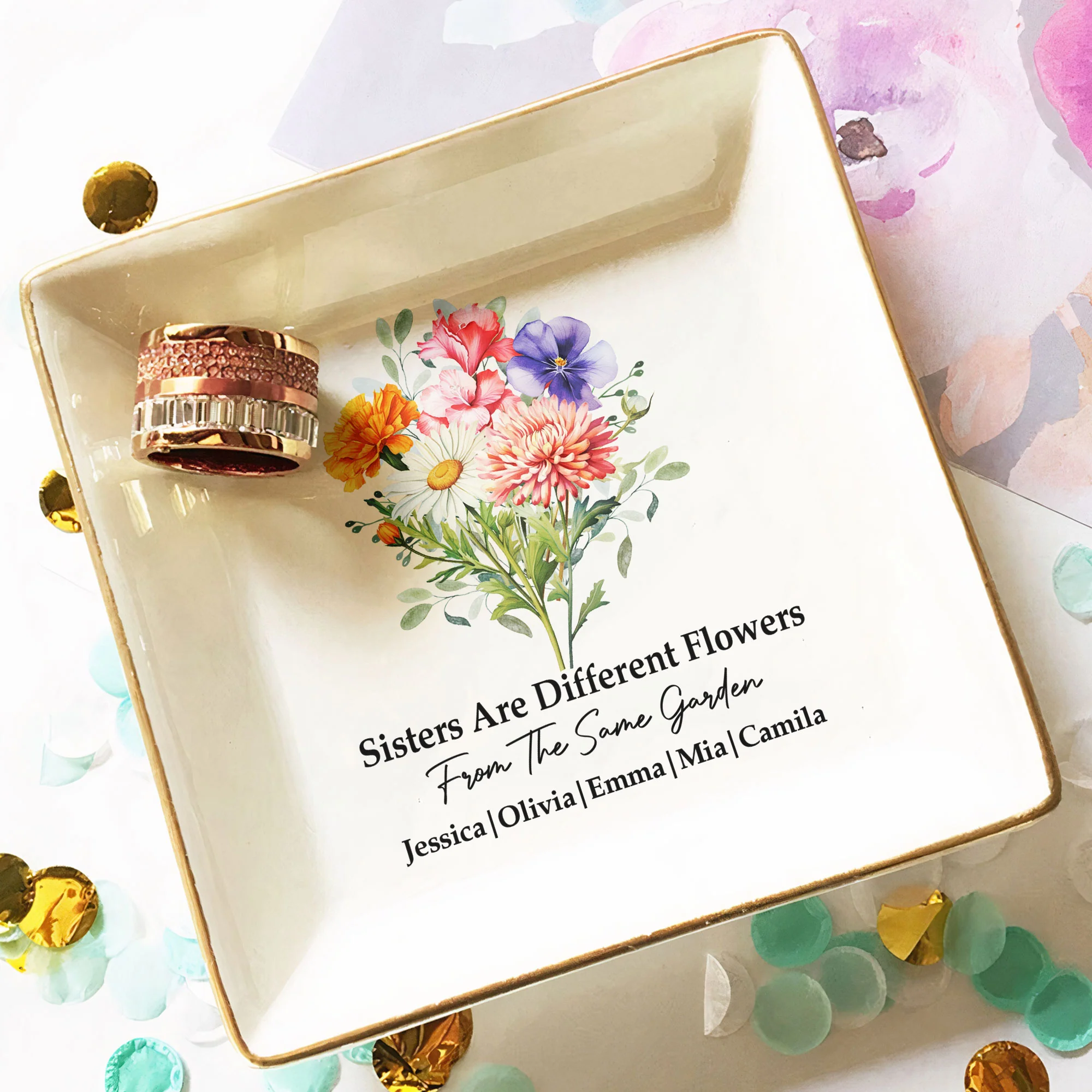 Custom Birth Flowers Sisterhood, Friendship Bouquet Gifts For Sisters, Friends, Besties - Personalized Jewelry Dish - Image 8