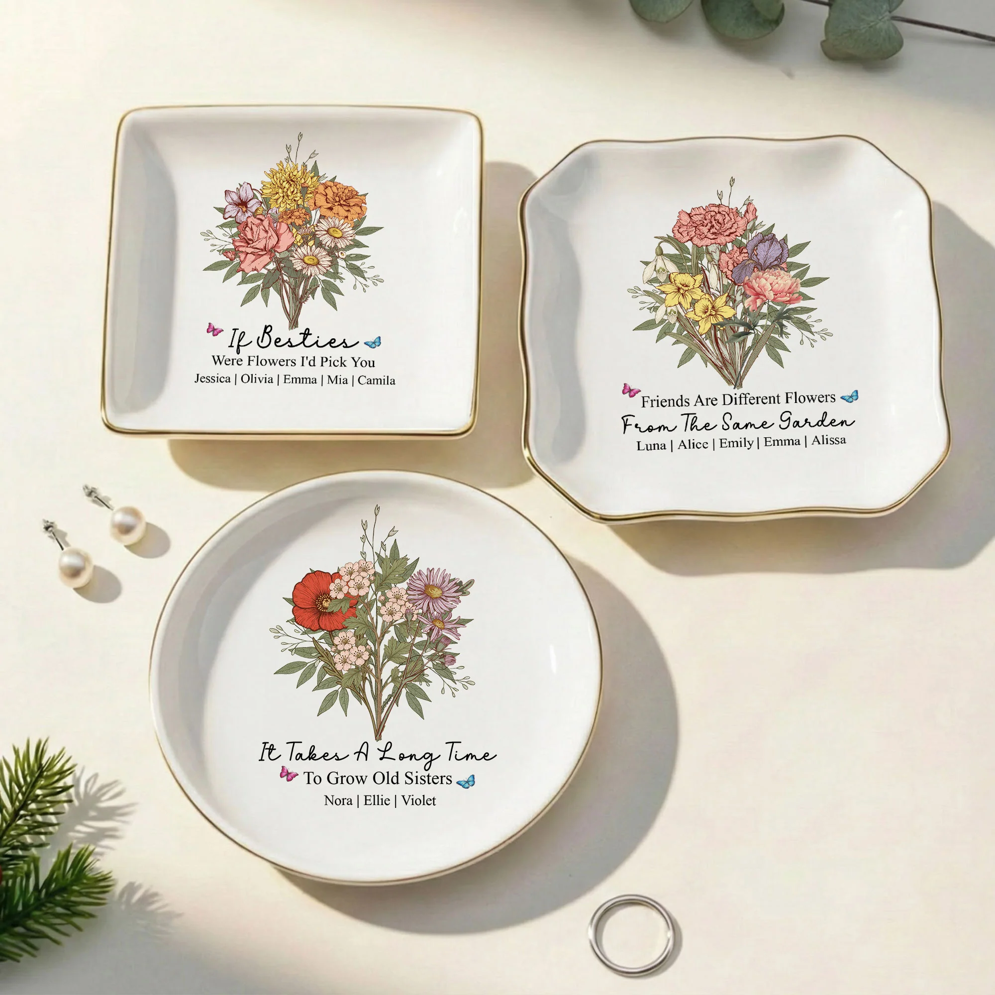 Custom Boho Birth Flowers Sisterhood, Friendship Bouquet Gifts For Sisters, Friends, Besties - Personalized Jewelry Dish - Image 2