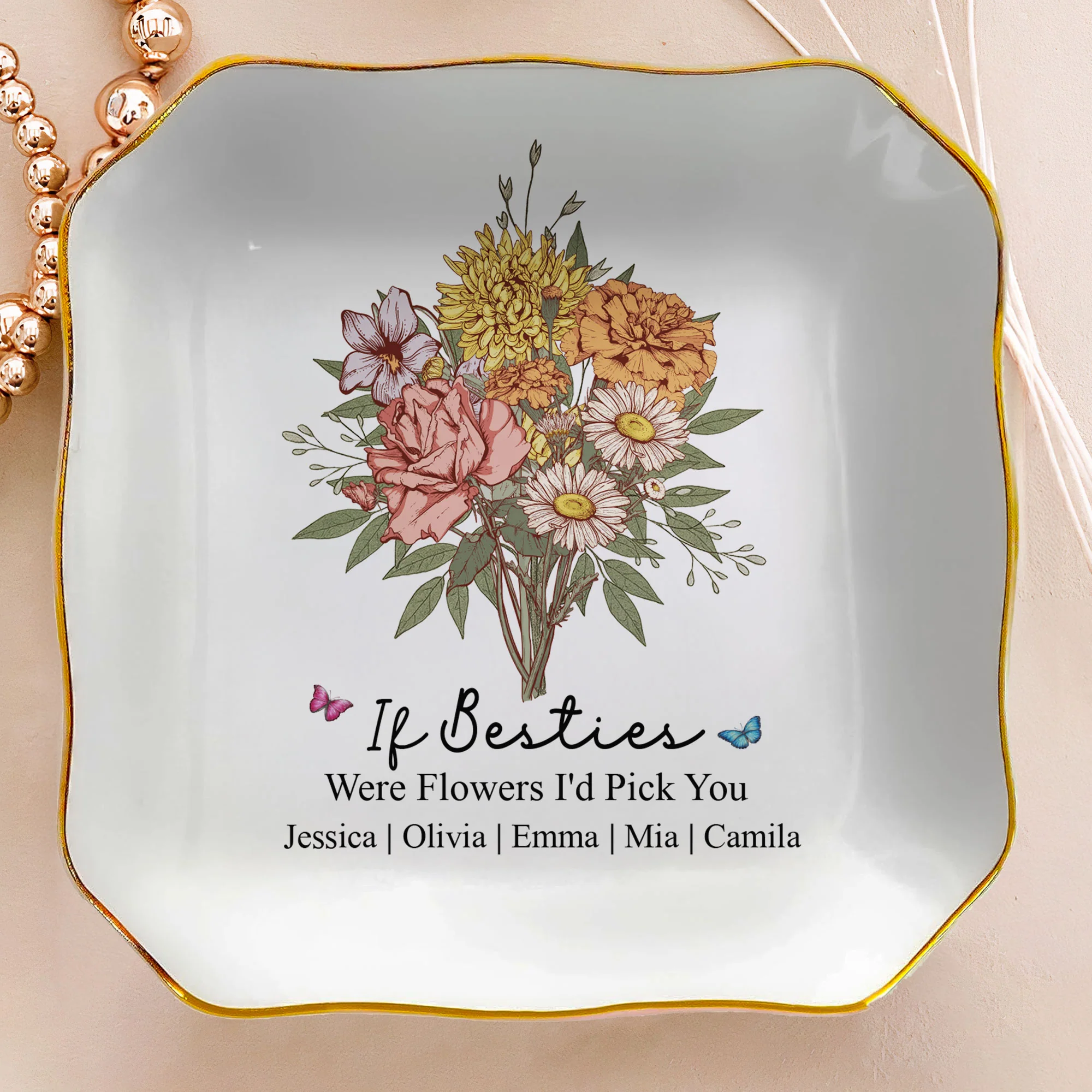 Custom Boho Birth Flowers Sisterhood, Friendship Bouquet Gifts For Sisters, Friends, Besties - Personalized Jewelry Dish - Image 5