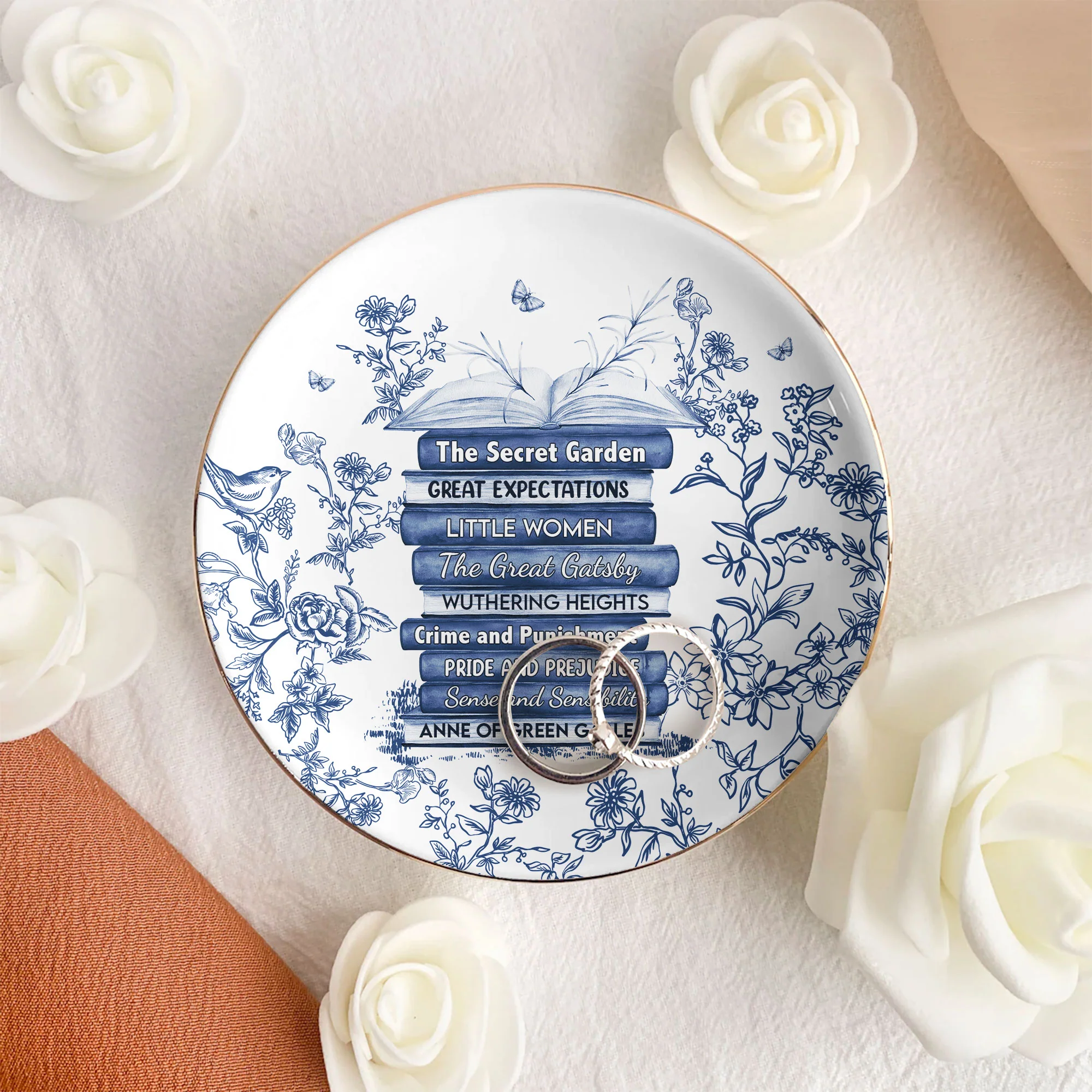 Custom Bookshelf Chinoiserie Toile De Jouy - Personalized Jewelry Dish - Image 3