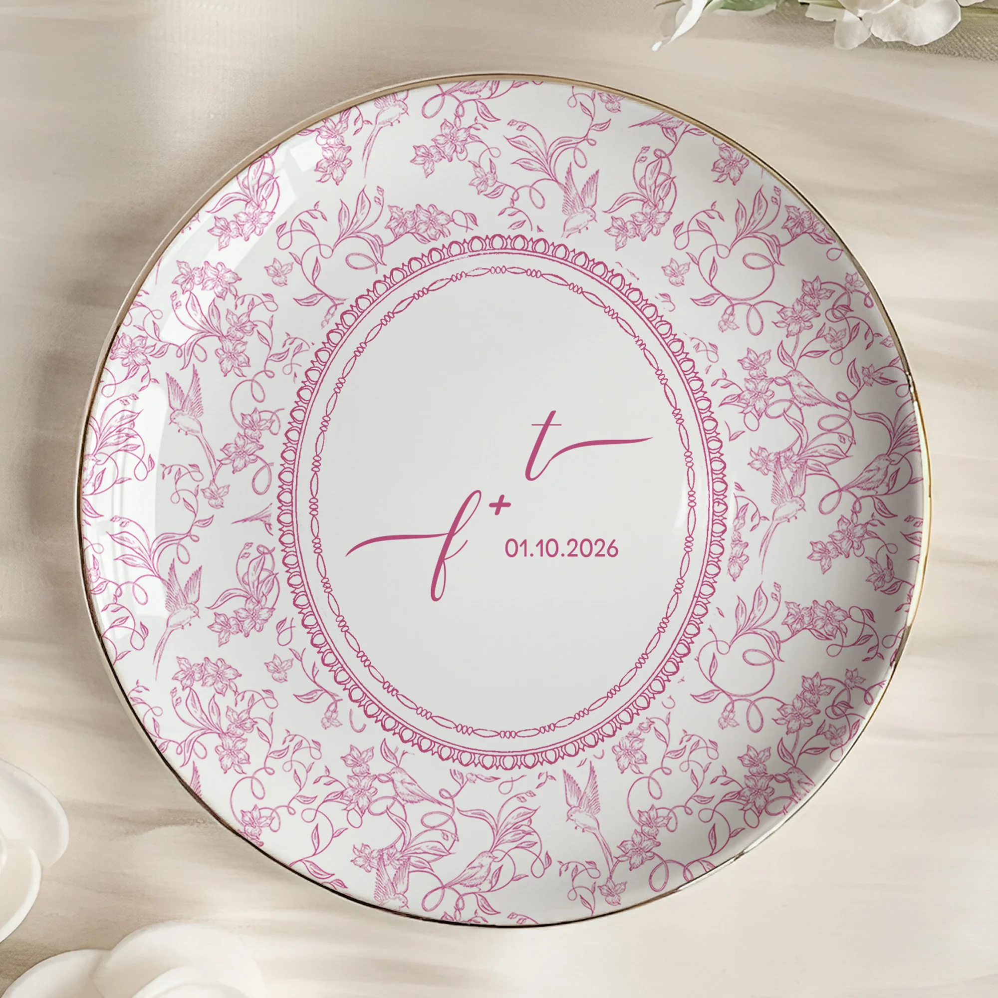 Custom Couple Initials & Date Toile De Jouy Ring Dish - Personalized Jewelry Dish - Image 5