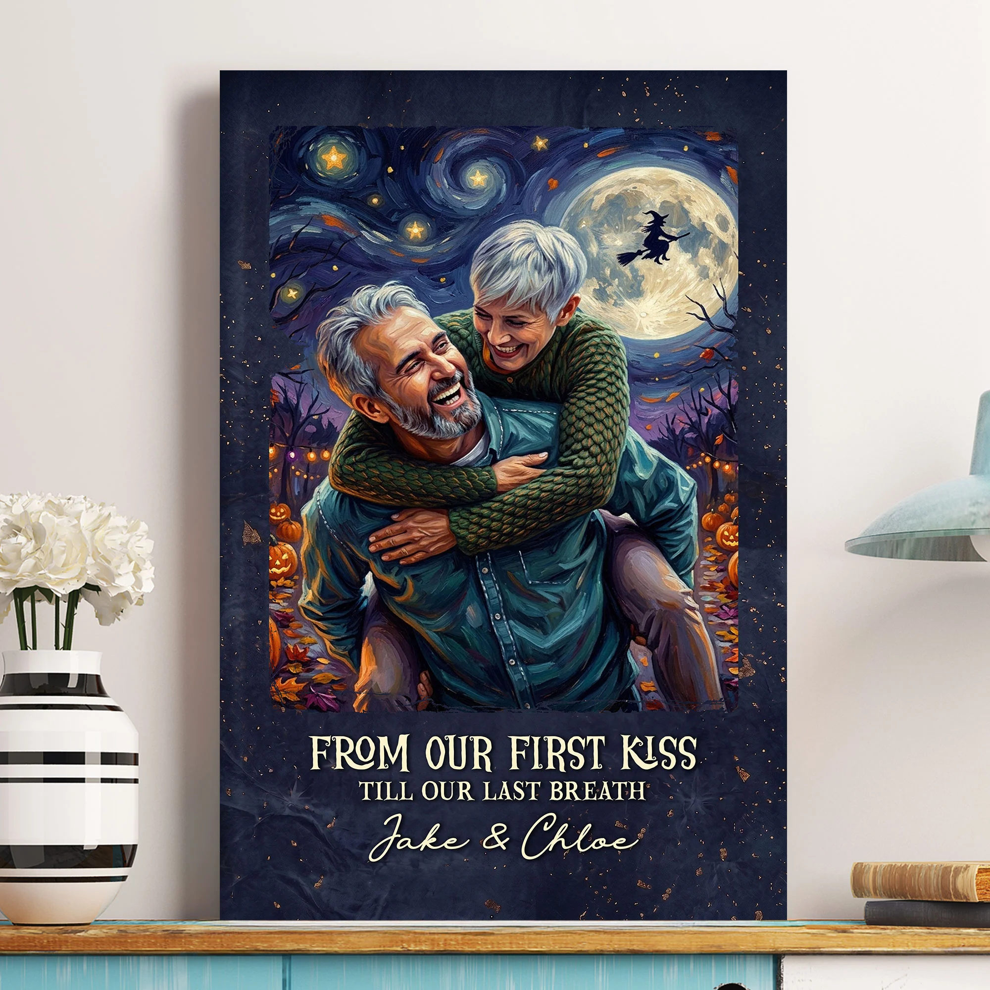 Custom Couple Photo Halloween Van Gogh Art Gift For Her, Him - Personalized Poster - Image 2