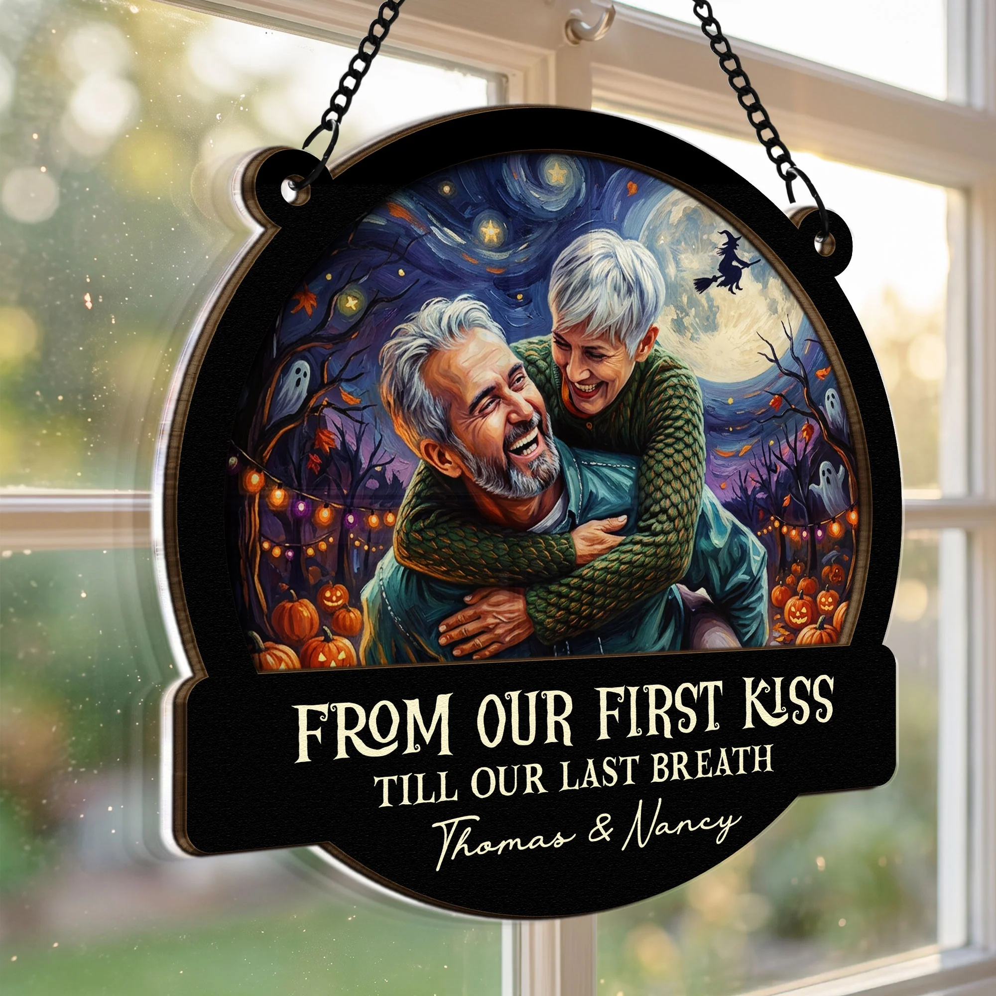 Custom Couple Photo Halloween Van Gogh Art - Personalized Window Hanging Suncatcher - Image 2
