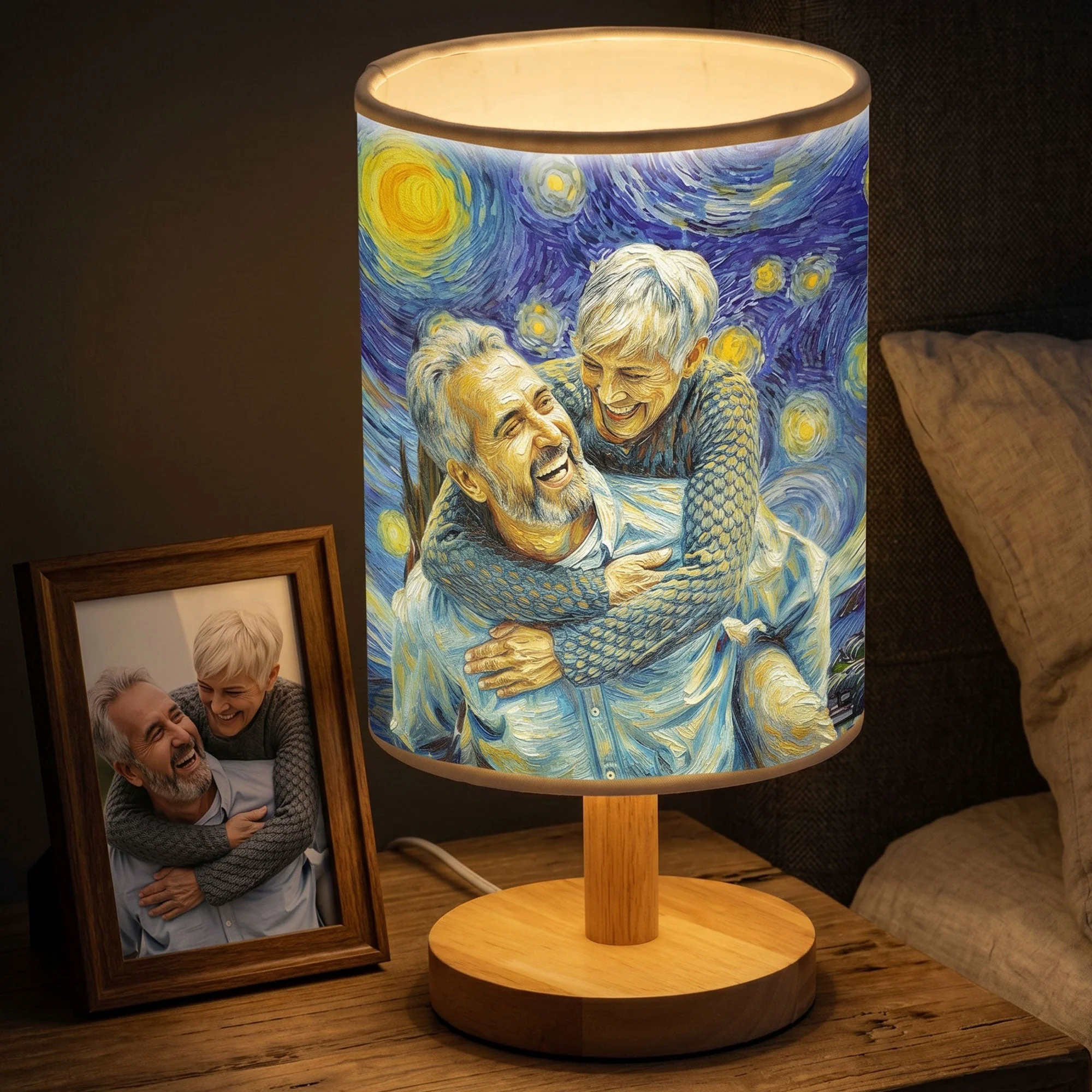 Custom Couple Photo Van Gogh Art Anniversary Gift For Her, Him - Personalized Fabric Lamp