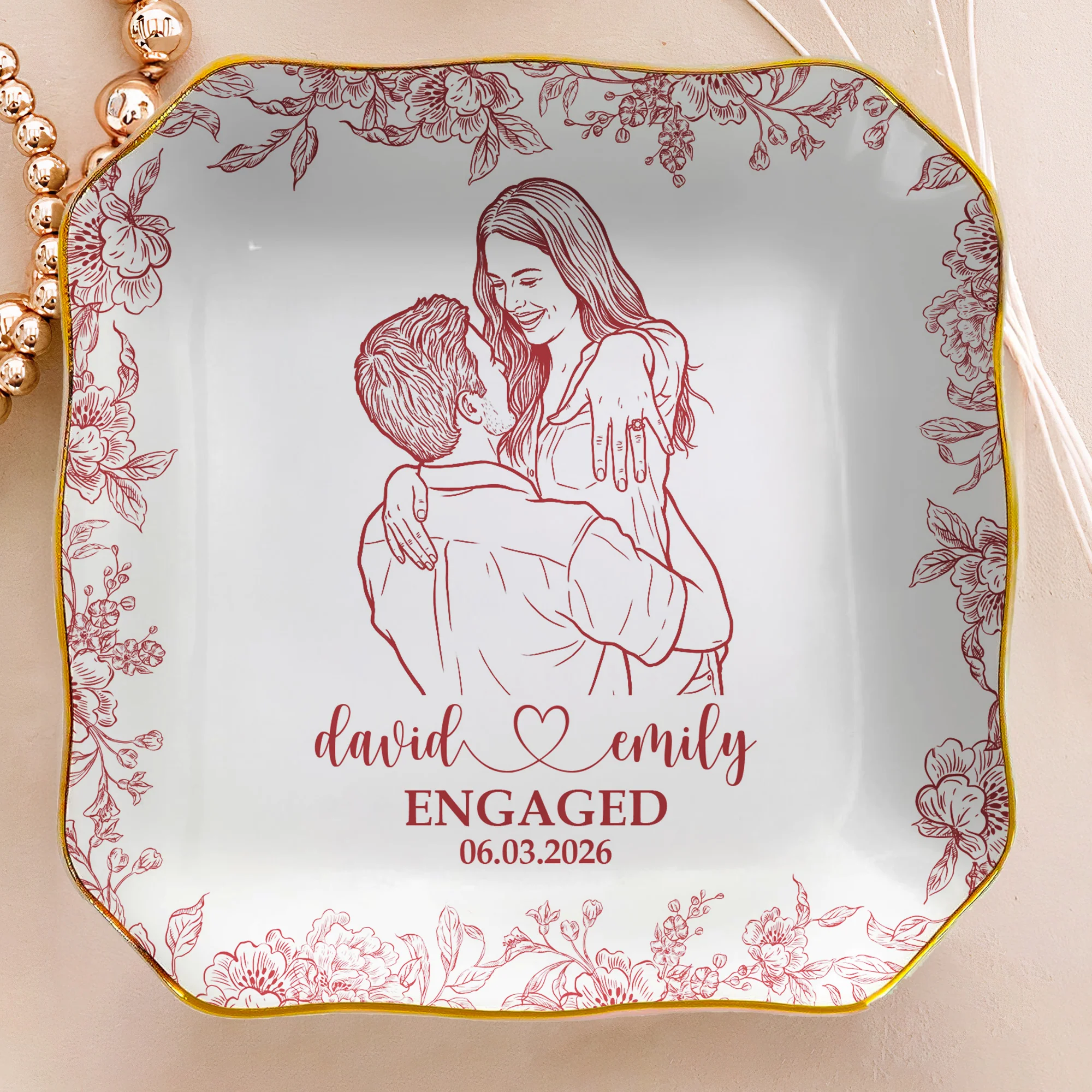 Custom Couple Portrait Ring Dish Engagement Gift For Her - Personalized Jewelry Dish - Image 4