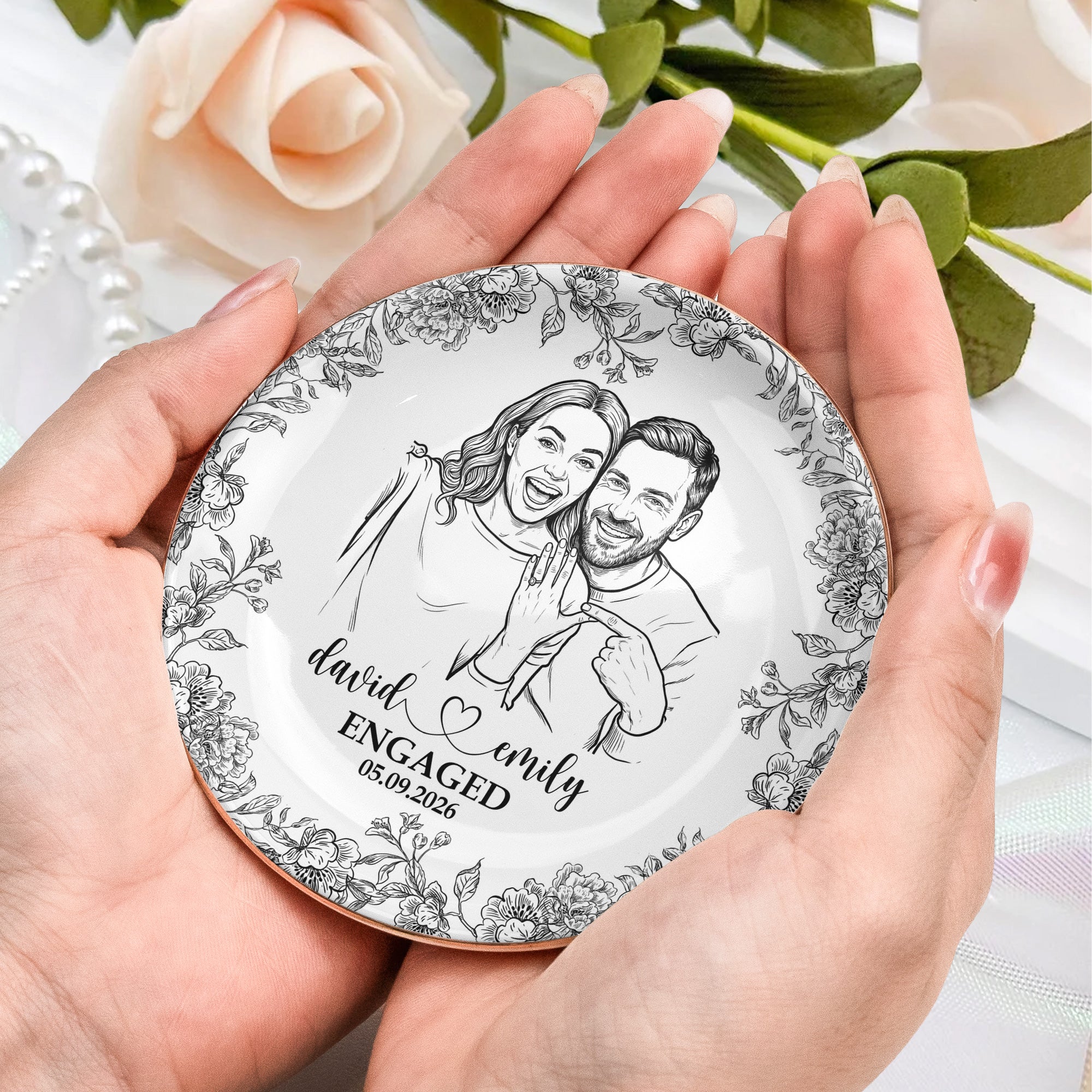 Custom Couple Portrait Ring Dish Engagement Gift For Her - Personalized Jewelry Dish - Image 8