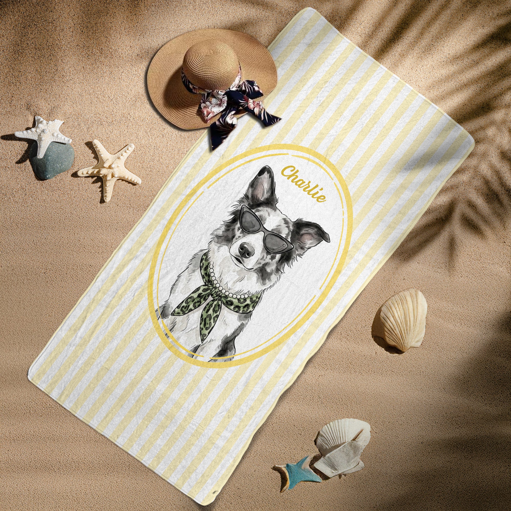 Custom Cute Pet Photo Watercolor Striped Pattern - Personalized Beach Towel - Image 7