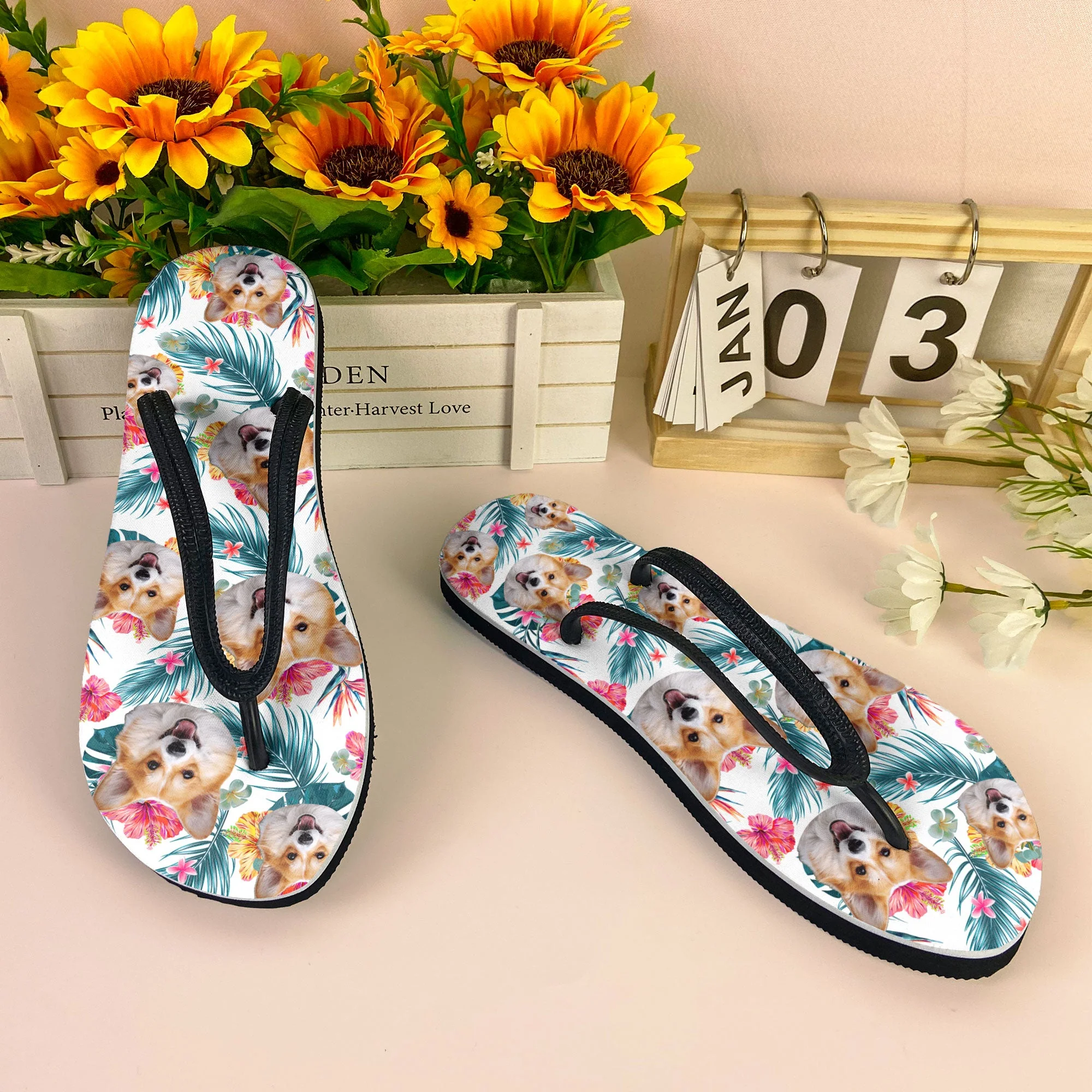 Custom Dog's Photo With Tropical Vibe - Personalized Photo Flip Flops - Image 4