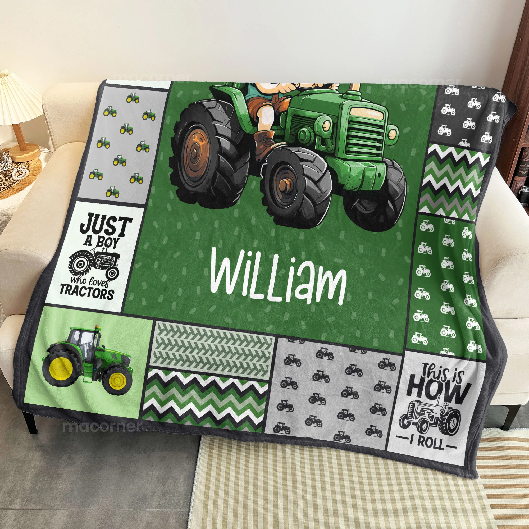 Custom Face Boy Loves Tractors - Personalized Kid Photo Blanket - Image 2