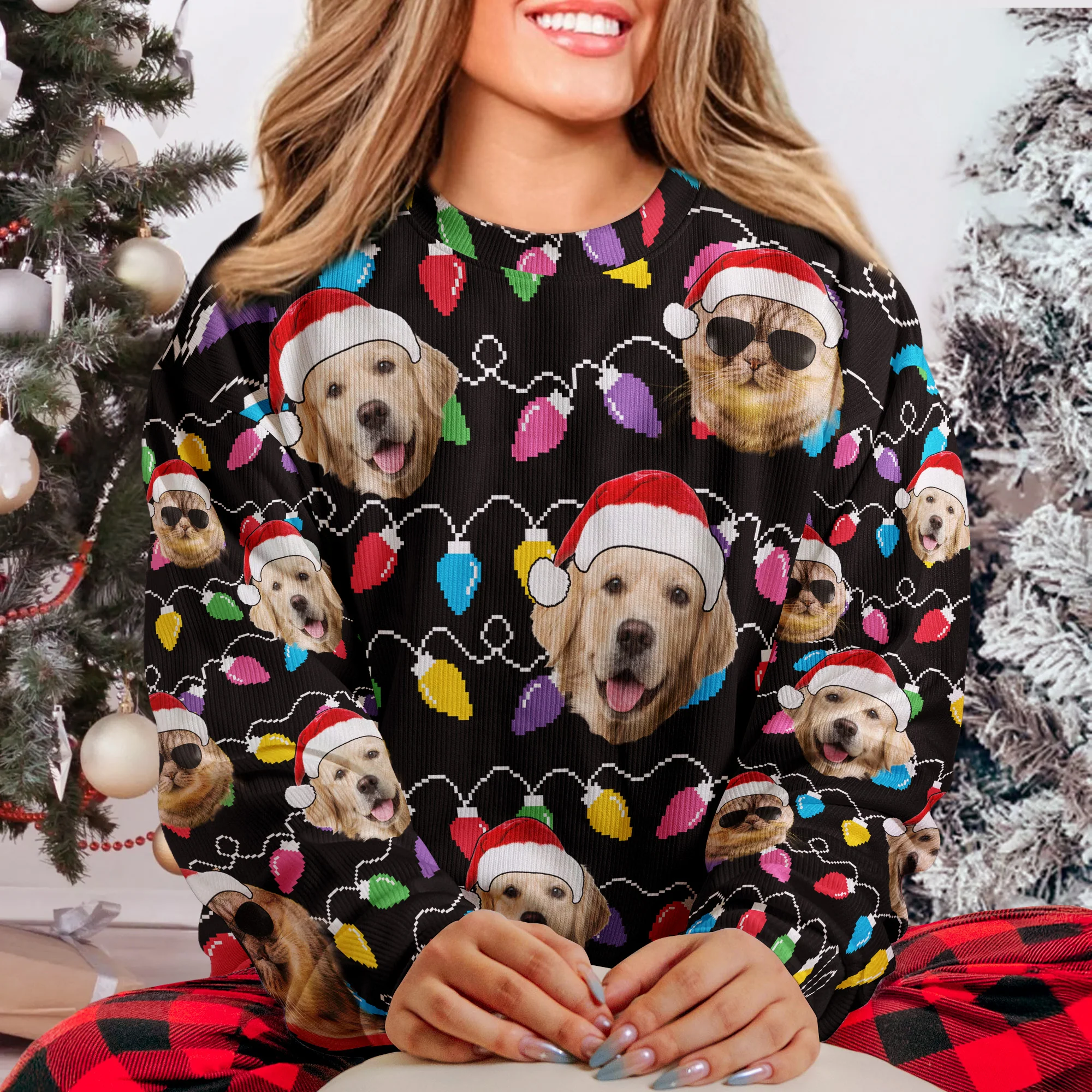 Custom Face Christmas Family Pet Funny Xmas Leds - Personalized Photo Ugly Sweater - Image 2