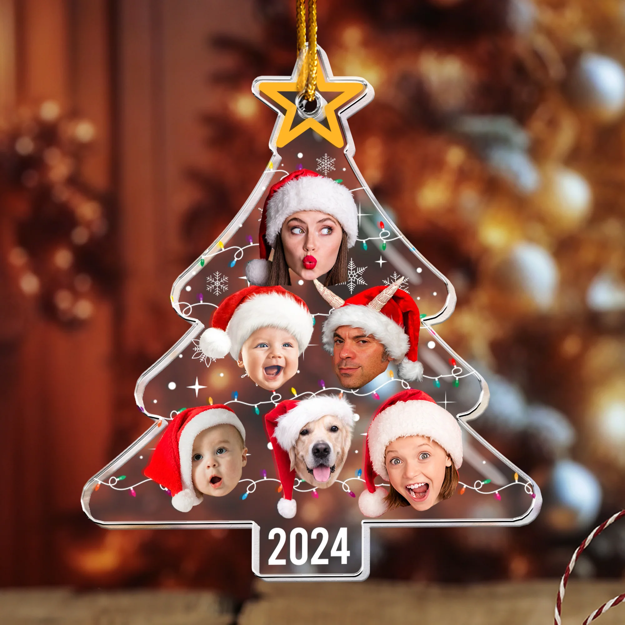 Custom Face Christmas Tree With Led Light Funny Family - Personalized Acrylic Photo Ornament - Image 4