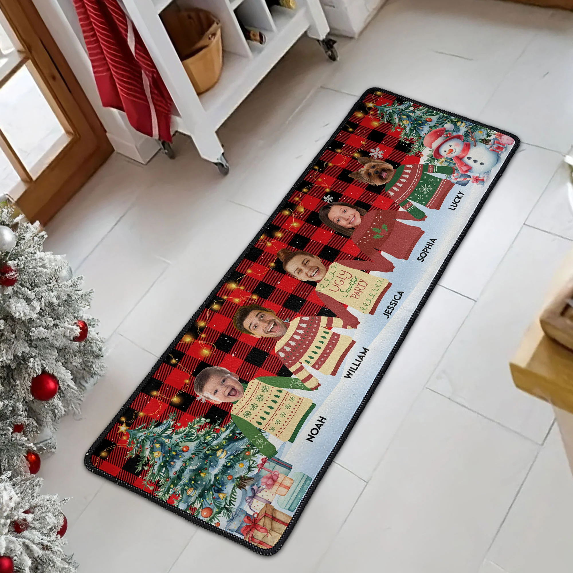Custom Face Funny Festive Plant Buffalo Plaid - Personalized Photo Runner Rug