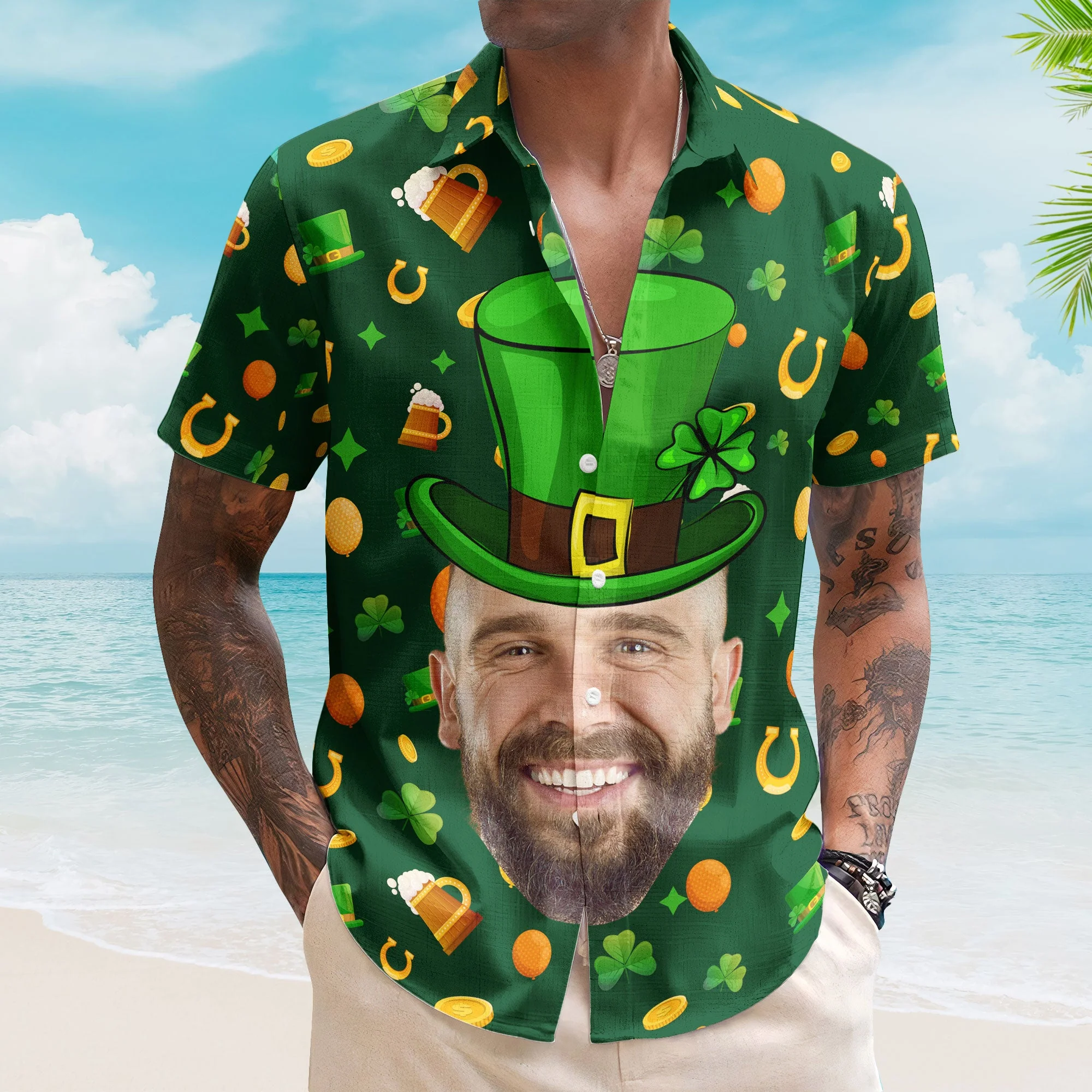 Custom Face Funny Happy St Patrick's Day - Custom Photo Hawaiian Shirts - Image 2