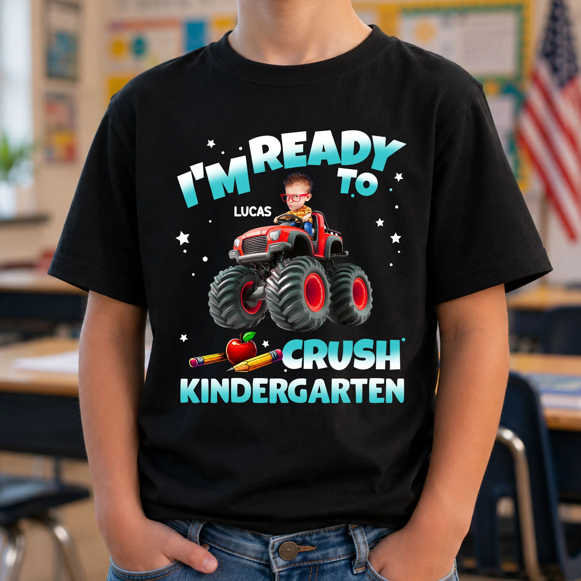 Custom Face Kid Riding Monster Truck Back To School - Personalized Shirt - Image 2
