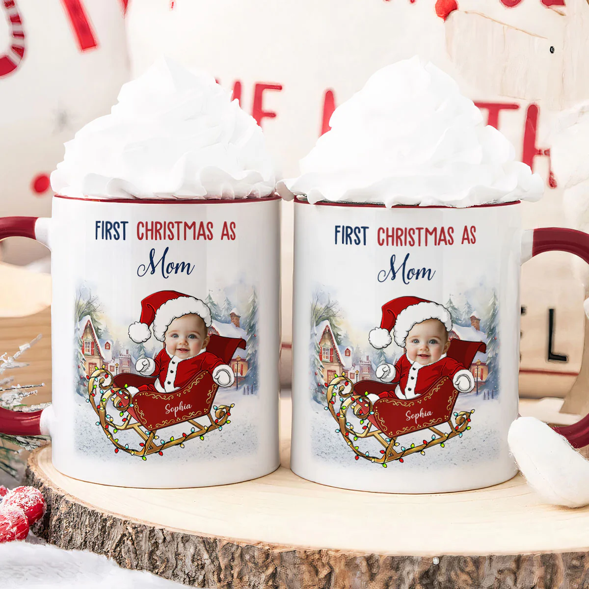 Custom Face On Santa Sleigh With First Christmas As Mom - Personalized Photo Accent Mug - Image 5