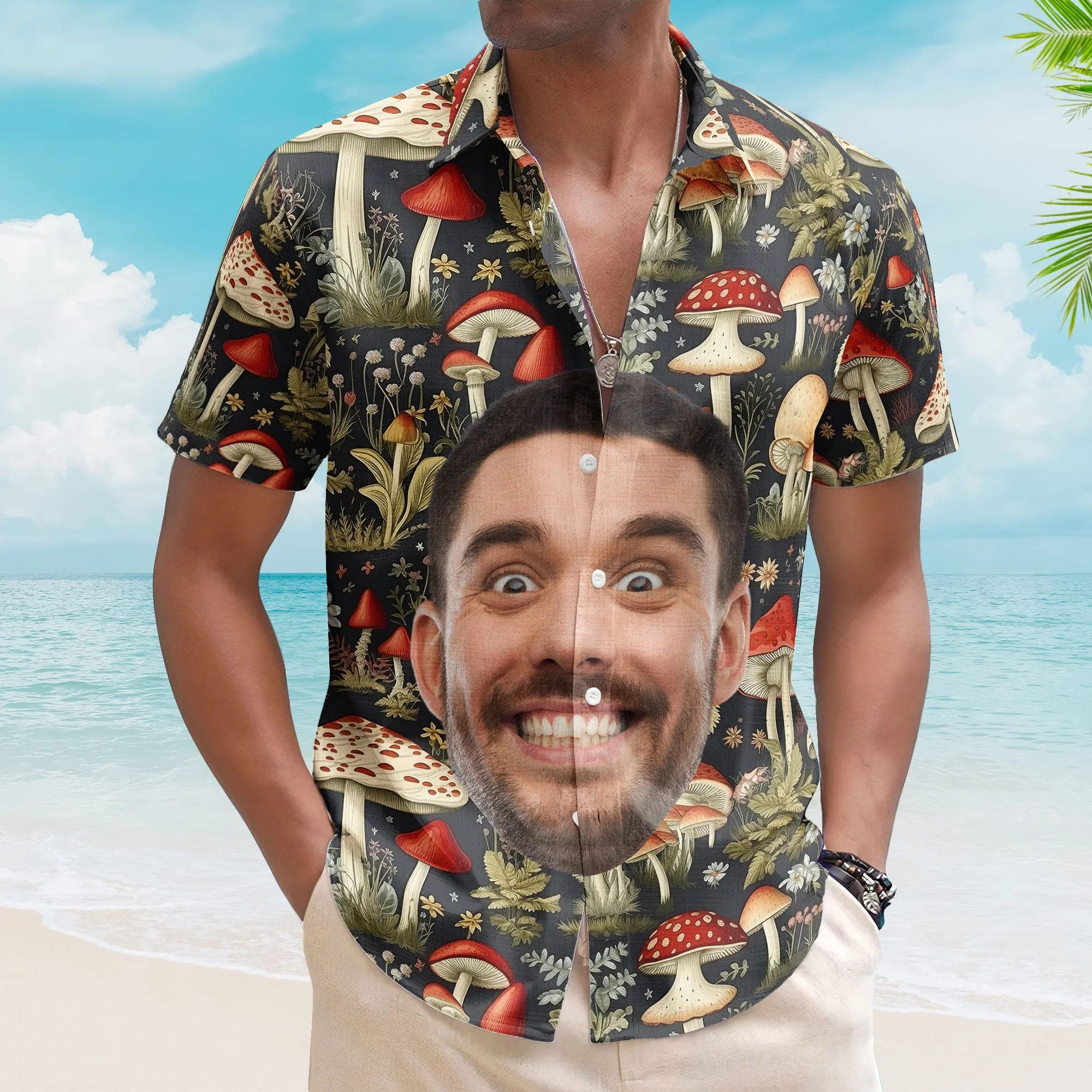 Custom Face Photo Funny With Magic Mushrooms Pattern - Custom Photo Hawaiian Shirts - Image 4