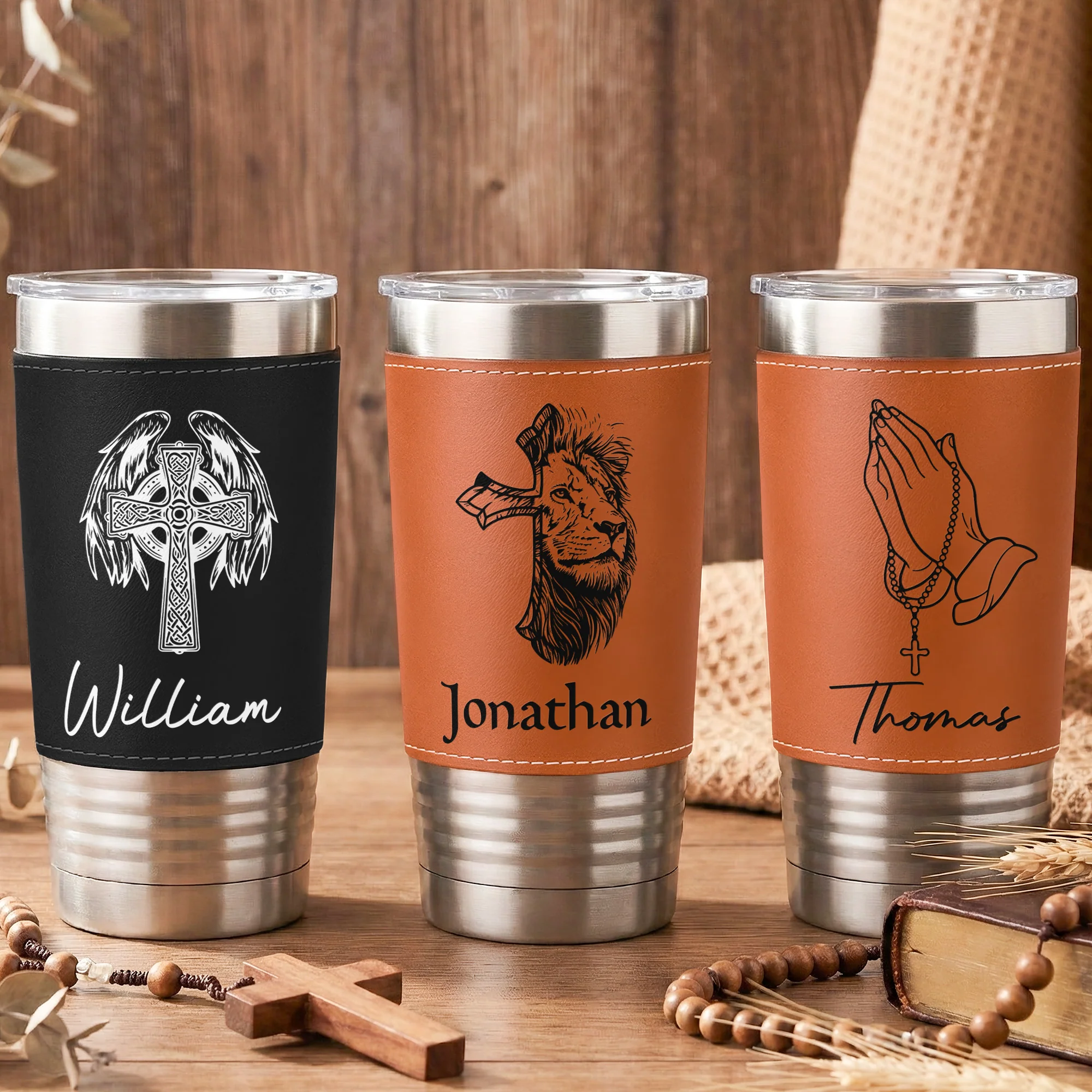 Custom Faith Symbol Design With Name - Personalized 20oz Leather Wrapped Tumbler