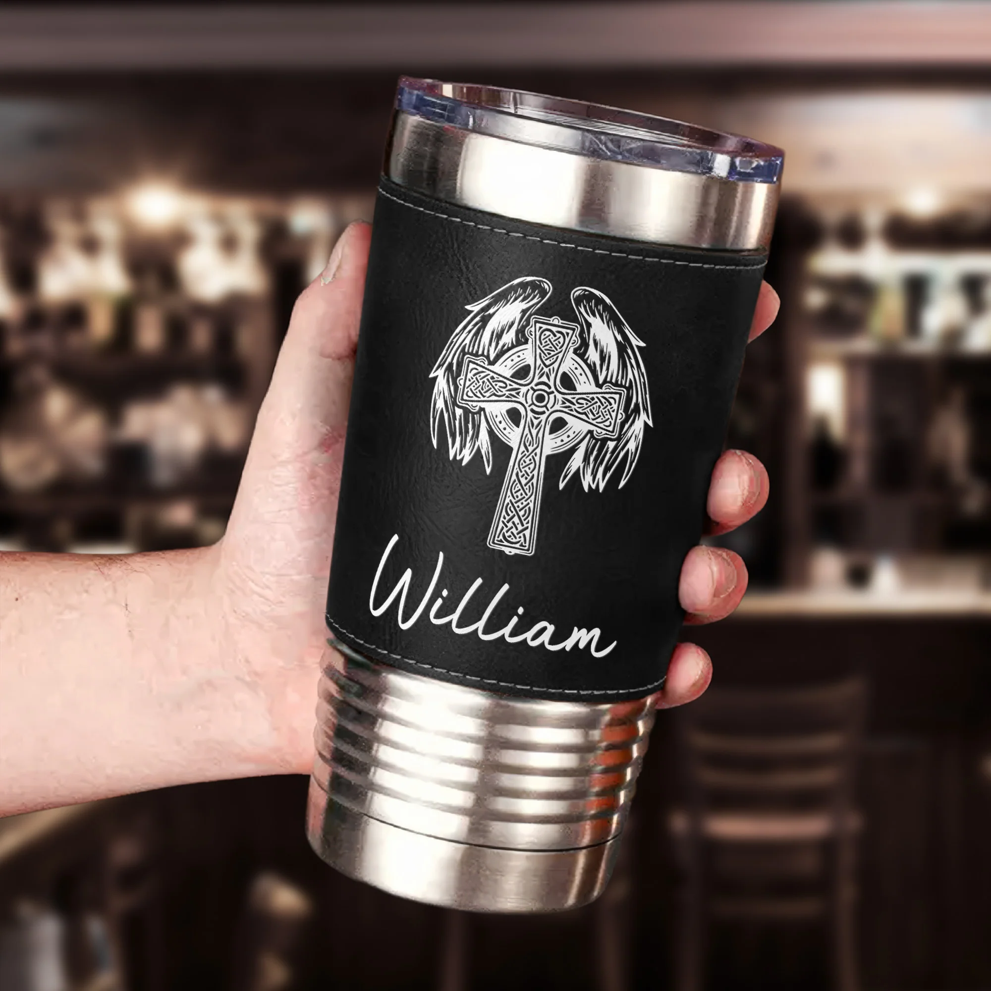 Custom Faith Symbol Design With Name - Personalized 20oz Leather Wrapped Tumbler - Image 5
