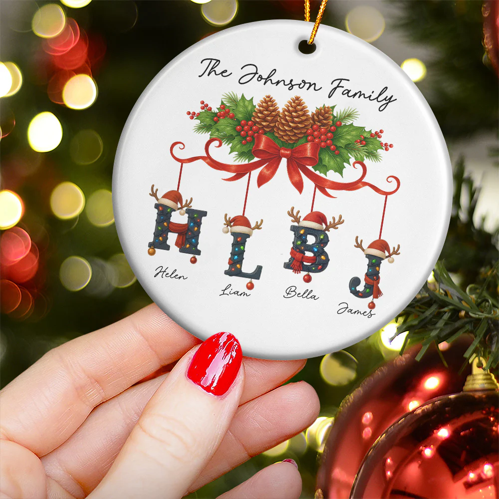 Custom Family Name With Christmas Alphabet - Personalized Ceramic Ornament - Image 3