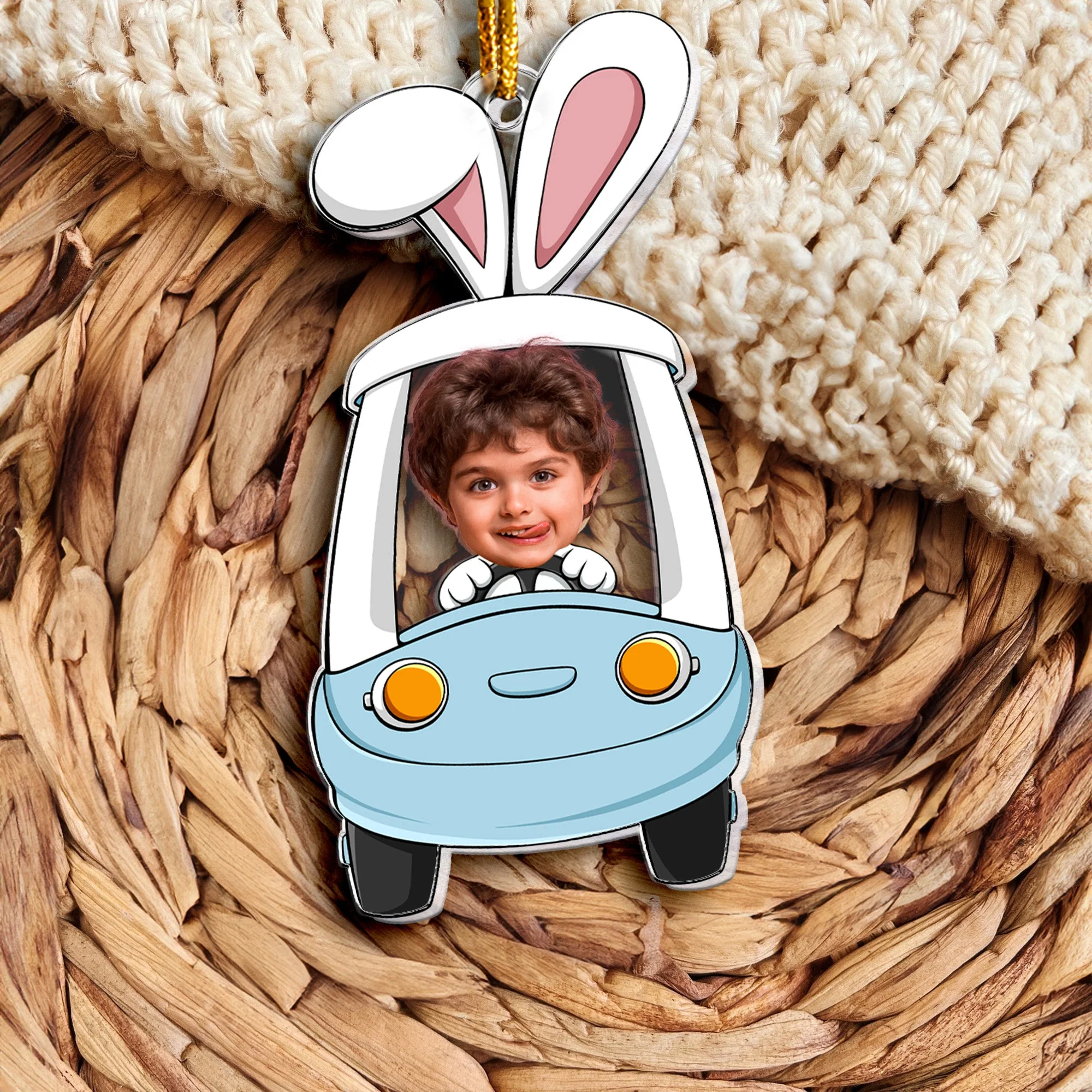 Custom Funny Face Bunny Easter Driving Car - Personalized Photo Easter Ornament - Image 5
