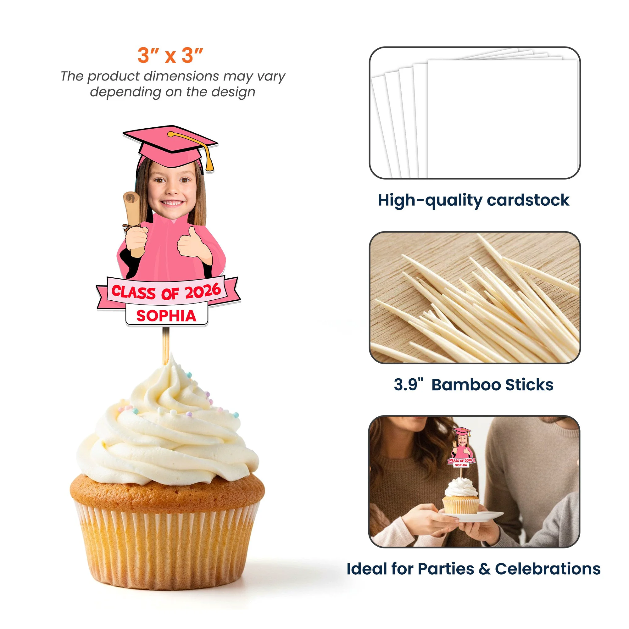 Custom Funny Face Graduation - Personalized Cupcake Toppers - Image 5