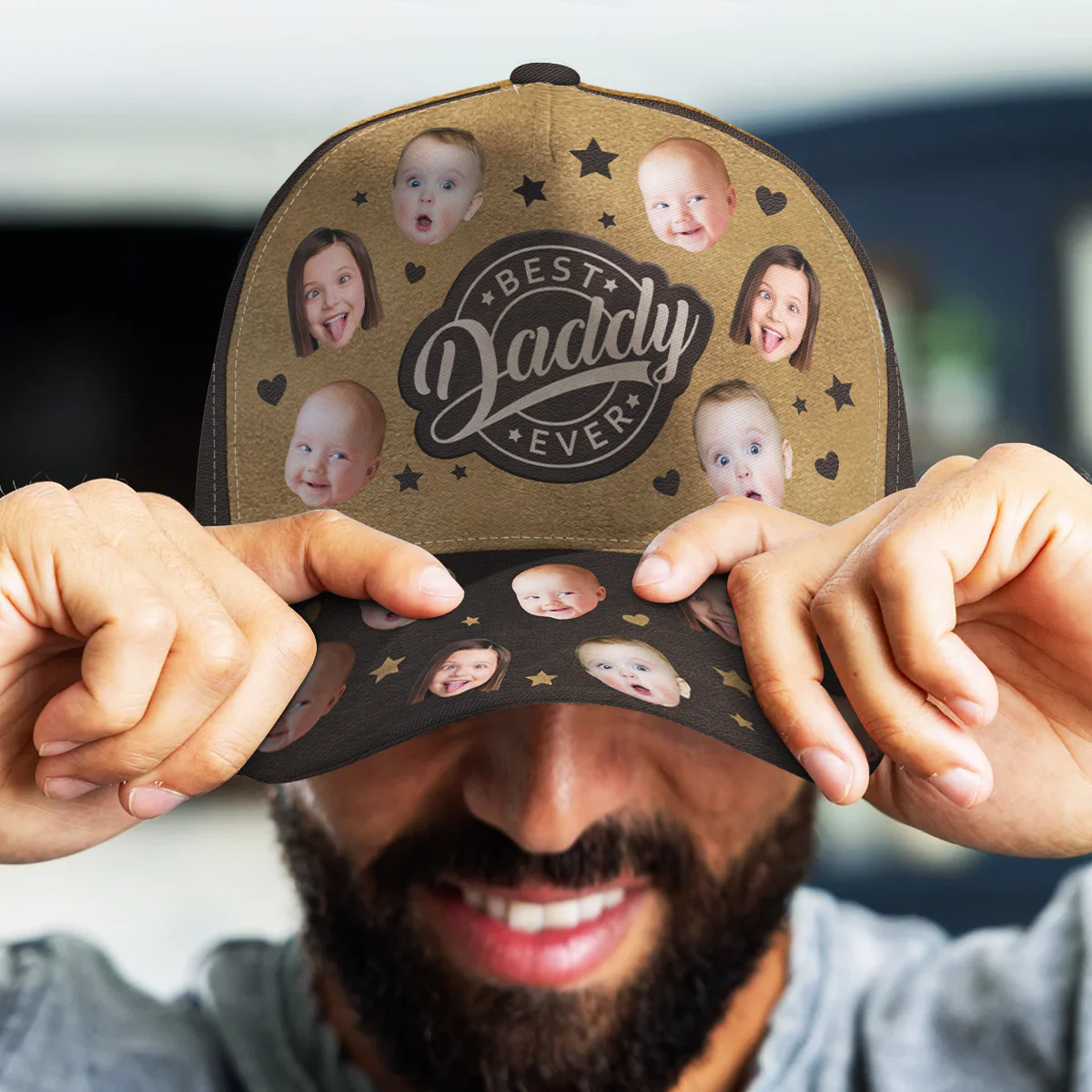 Custom Funny Kid Faces Best Dad Ever - Personalized Photo Classic Cap - Image 4