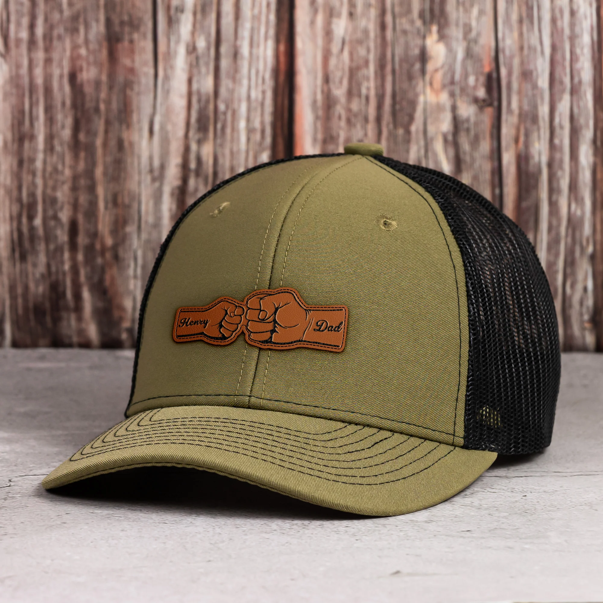 Custom Hat With Kids Names Fist Bump - Personalized Leather Patch Hat - Image 3