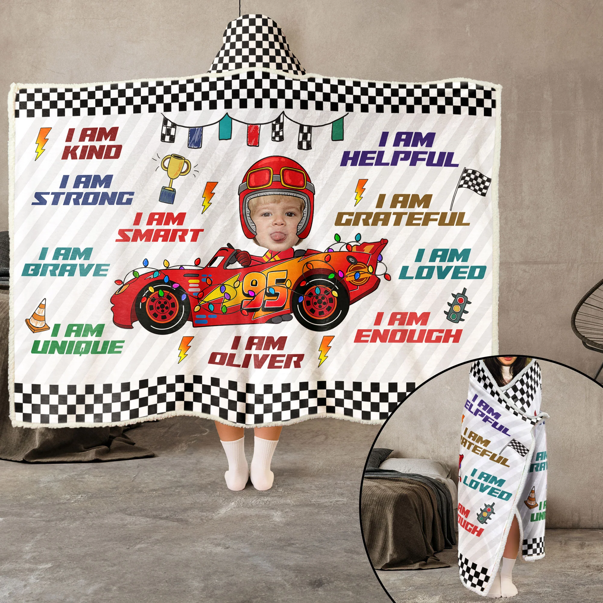Custom Kid Face Car Toys Affirmation Gift - Personalized Photo Wearable Blanket Hoodie - Image 3