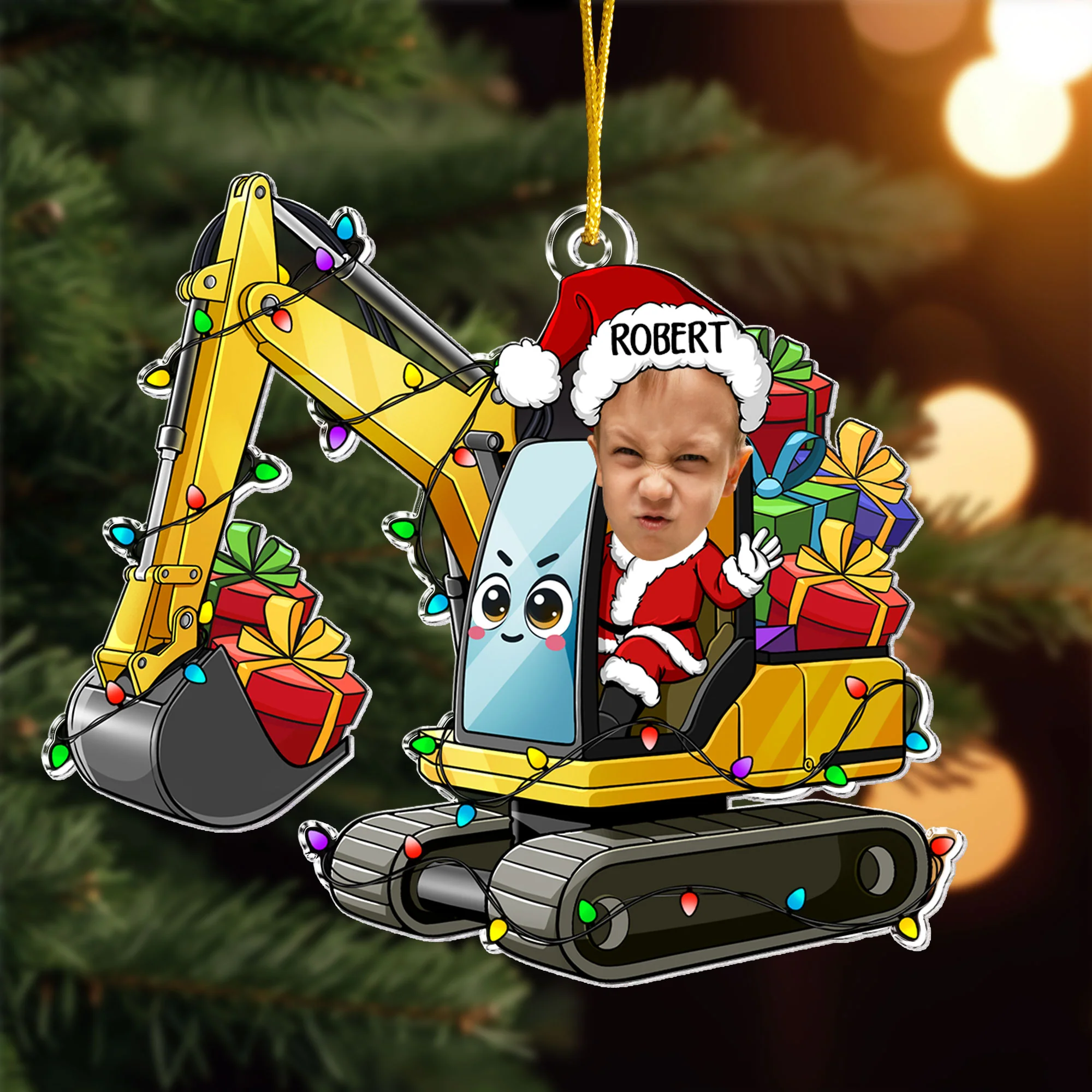 Custom Kid Face Cartoon Excavator - Personalized Acrylic Photo Ornament - Image 2