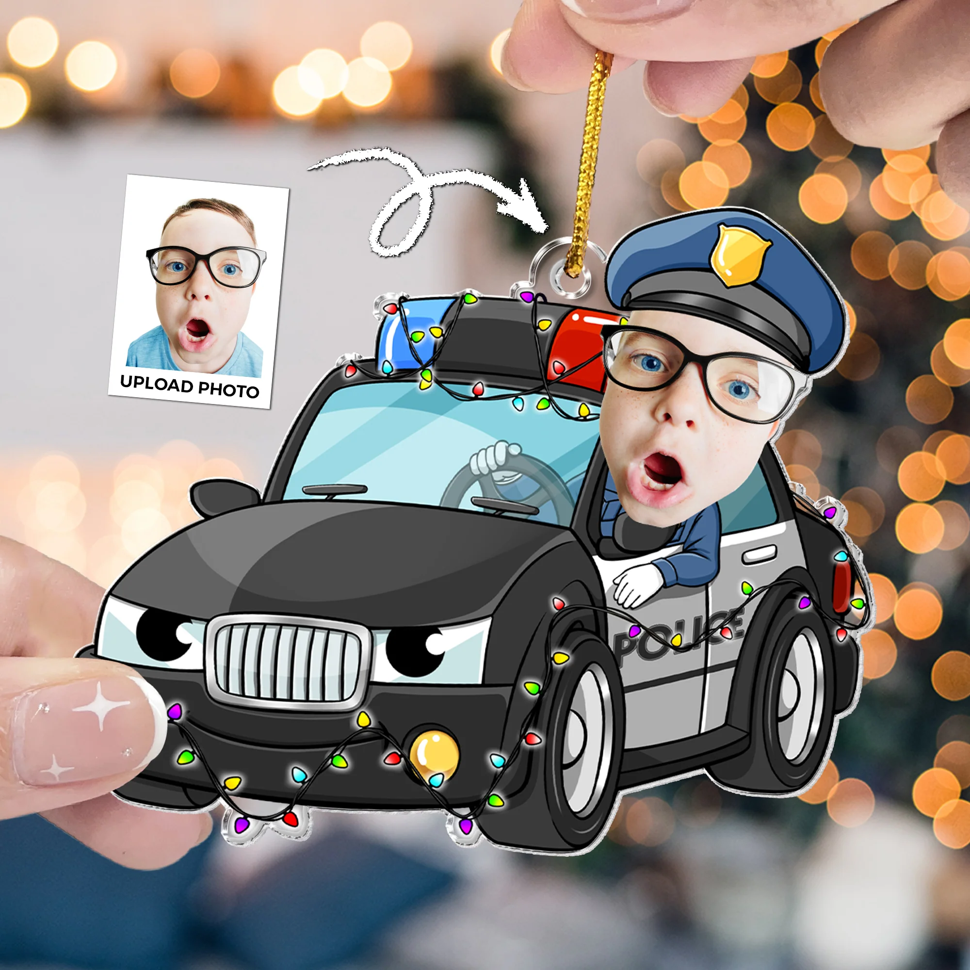 Custom Kid Face Police Car Cartoon - Personalized Acrylic Photo Ornament - Image 2