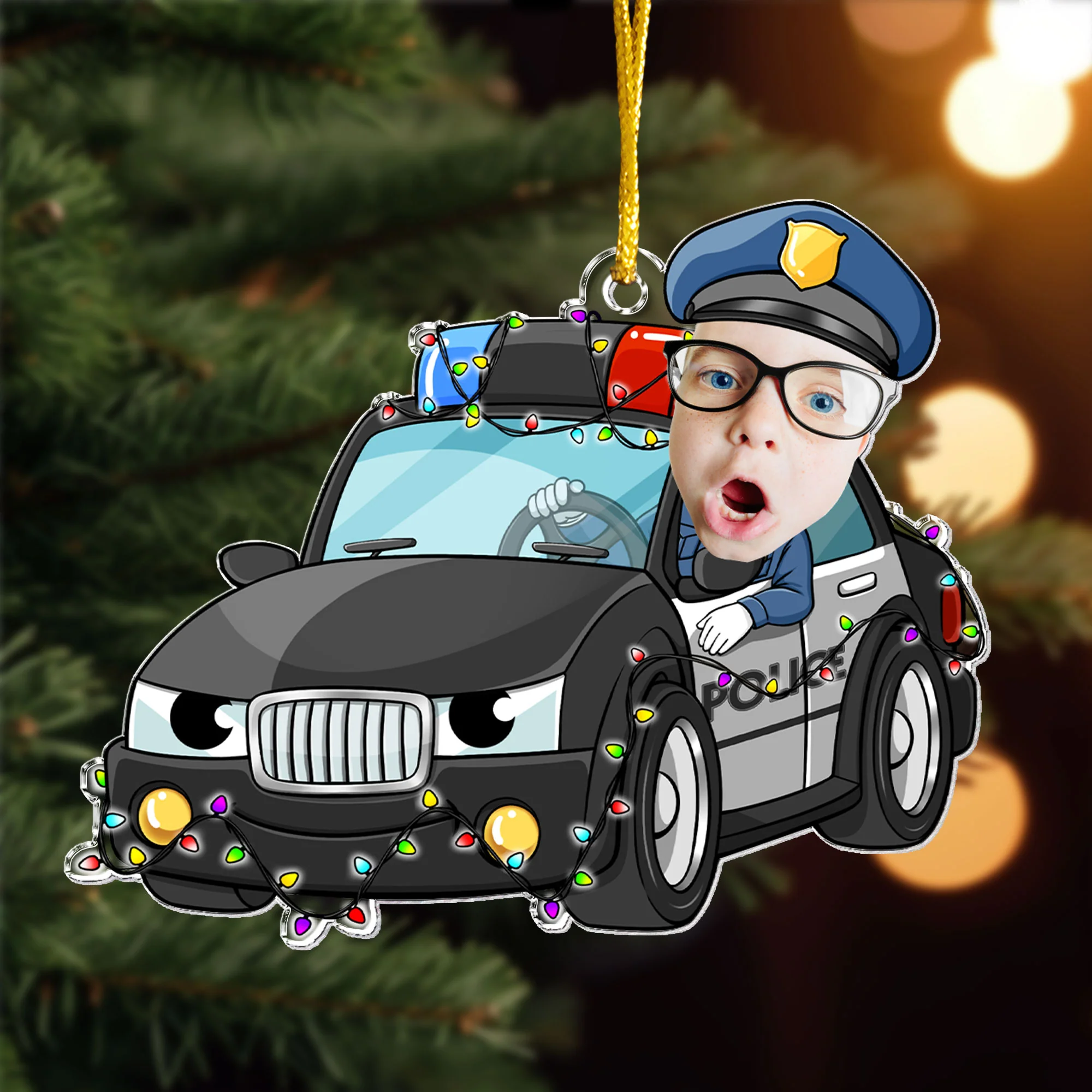 Custom Kid Face Police Car Cartoon - Personalized Acrylic Photo Ornament - Image 4
