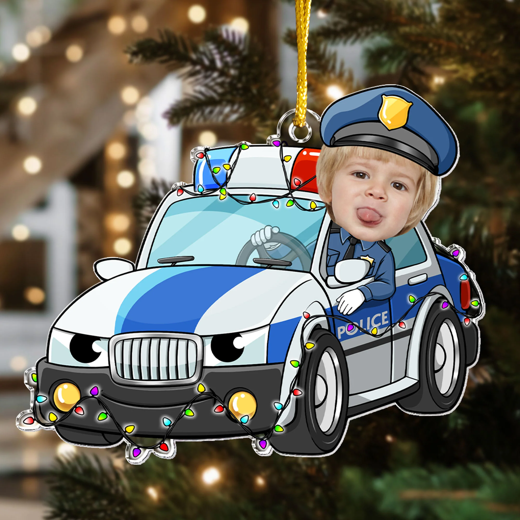 Custom Kid Face Police Car Cartoon - Personalized Acrylic Photo Ornament - Image 6