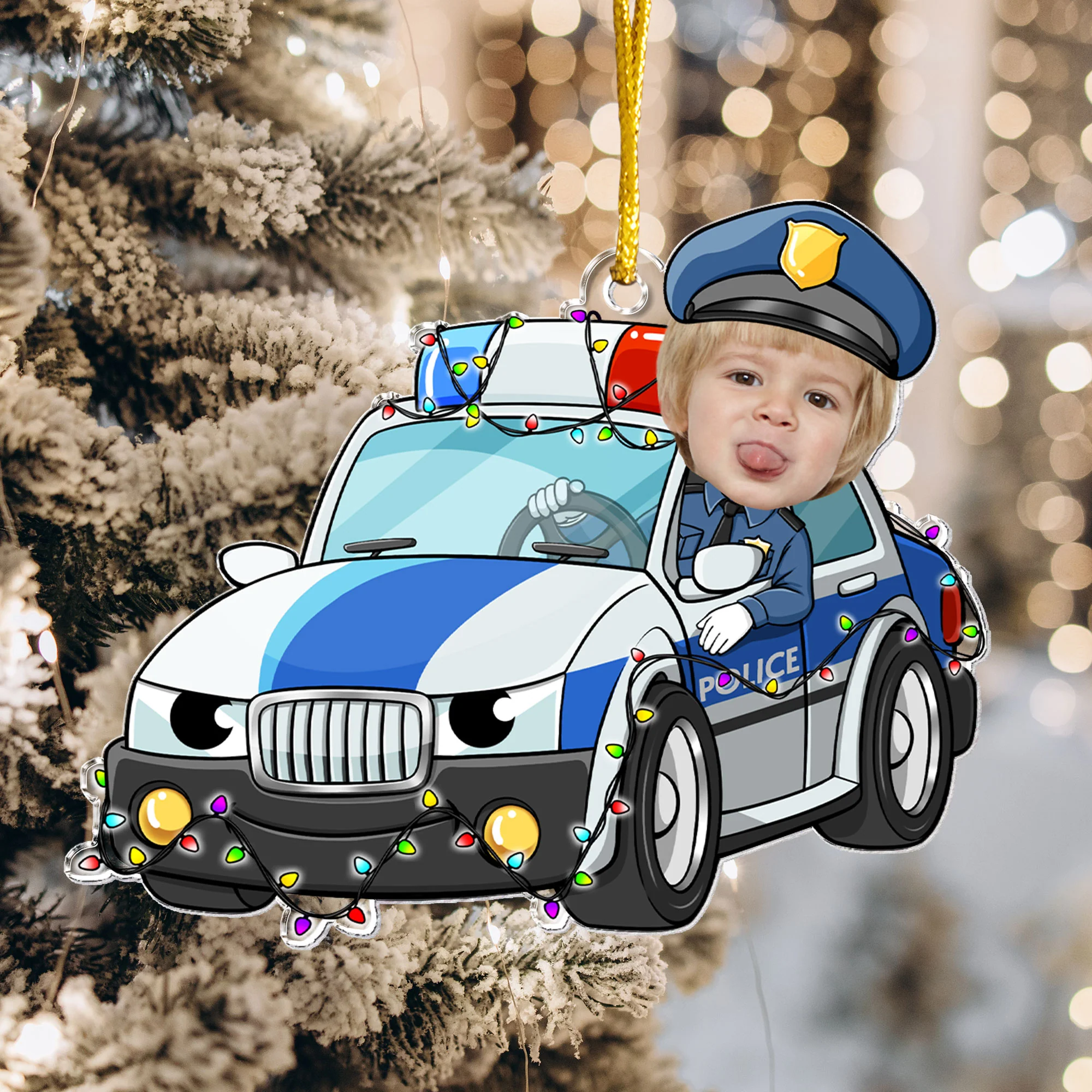 Custom Kid Face Police Car Cartoon - Personalized Acrylic Photo Ornament - Image 7