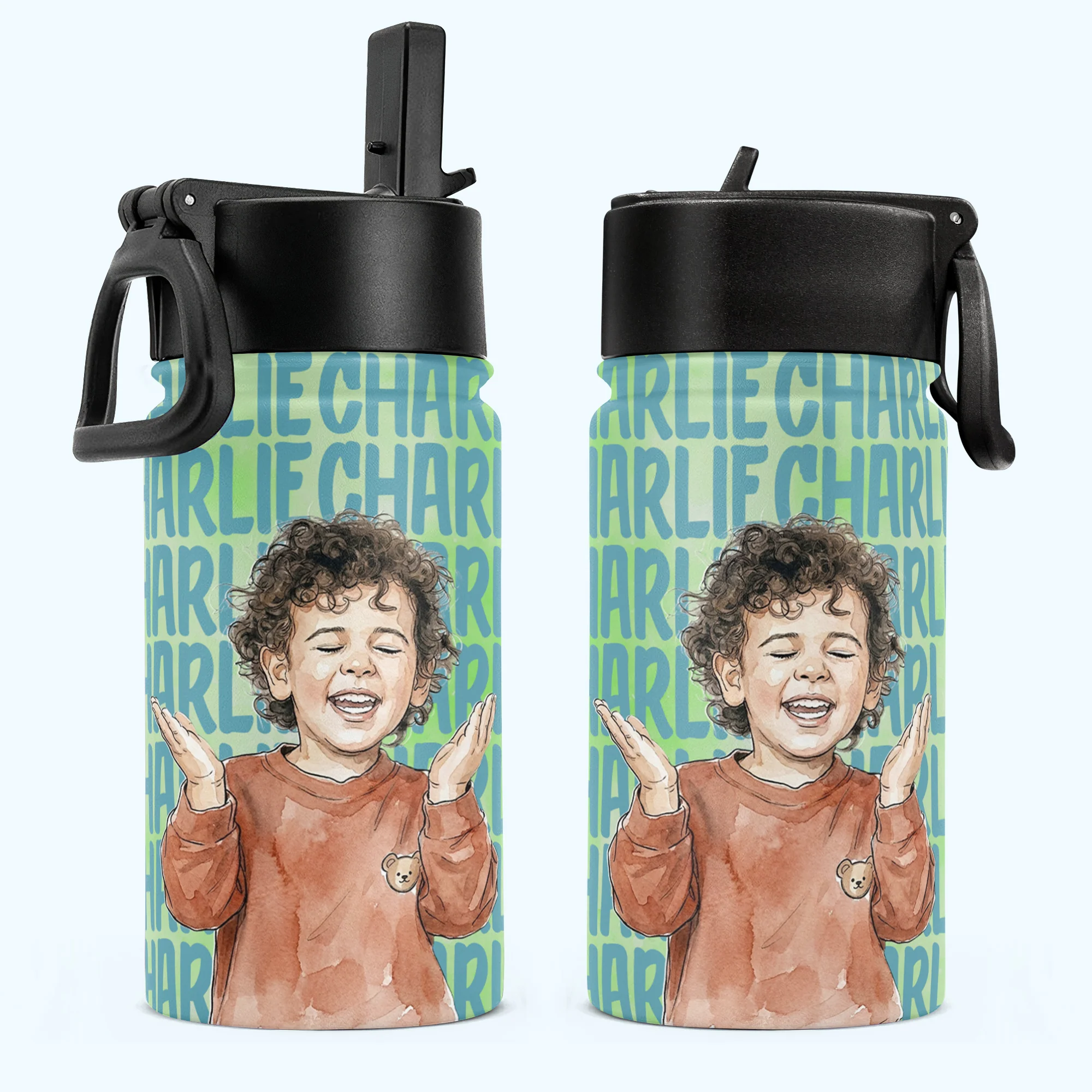 Custom Kid Photo Watercolor Back To School Gifts For Son, Daughter, Grandkids - Personalized Water Bottle - Image 2