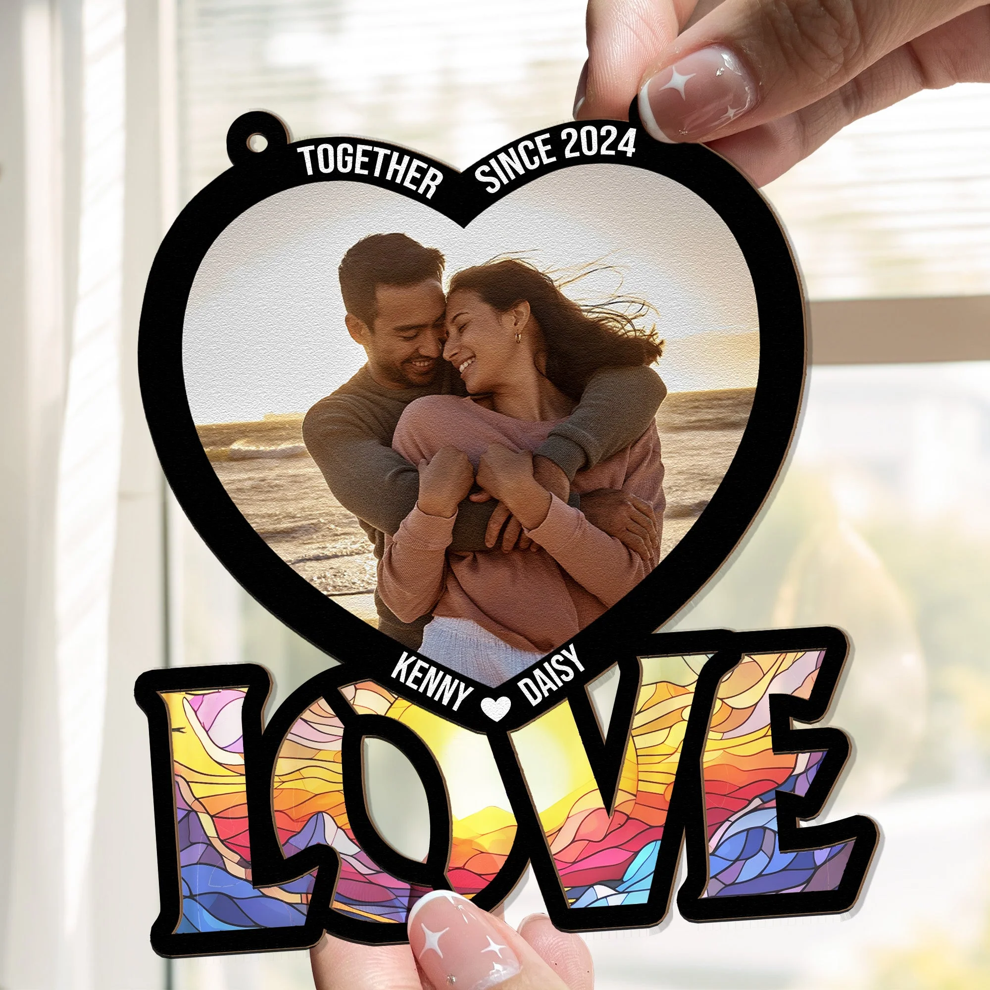 Custom Letter Heart & Couples Picture - Personalized Window Hanging Suncatcher Photo Ornament - Image 4