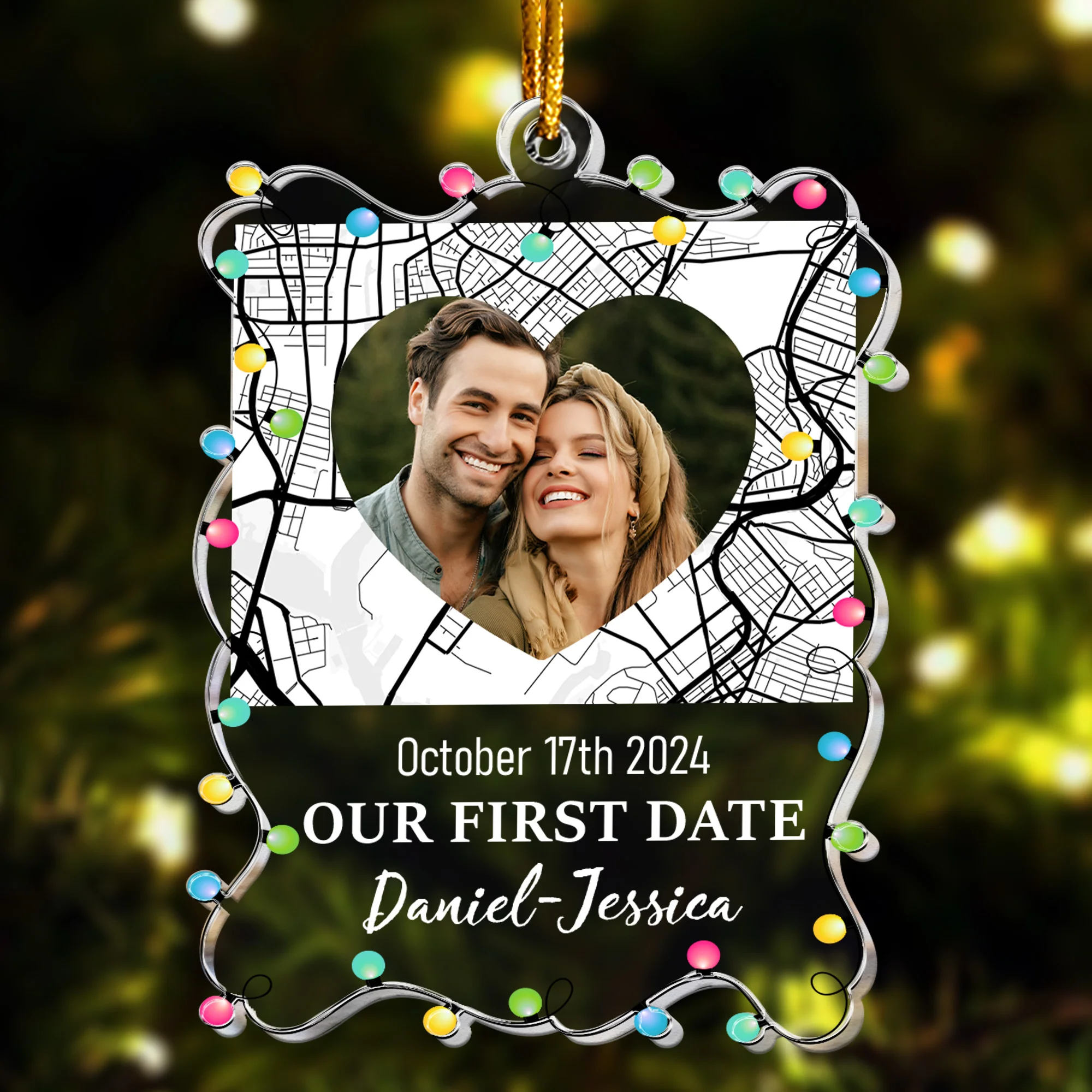 Custom Location Map Couple Our First Date - Personalized Acrylic Photo Ornament - Image 2